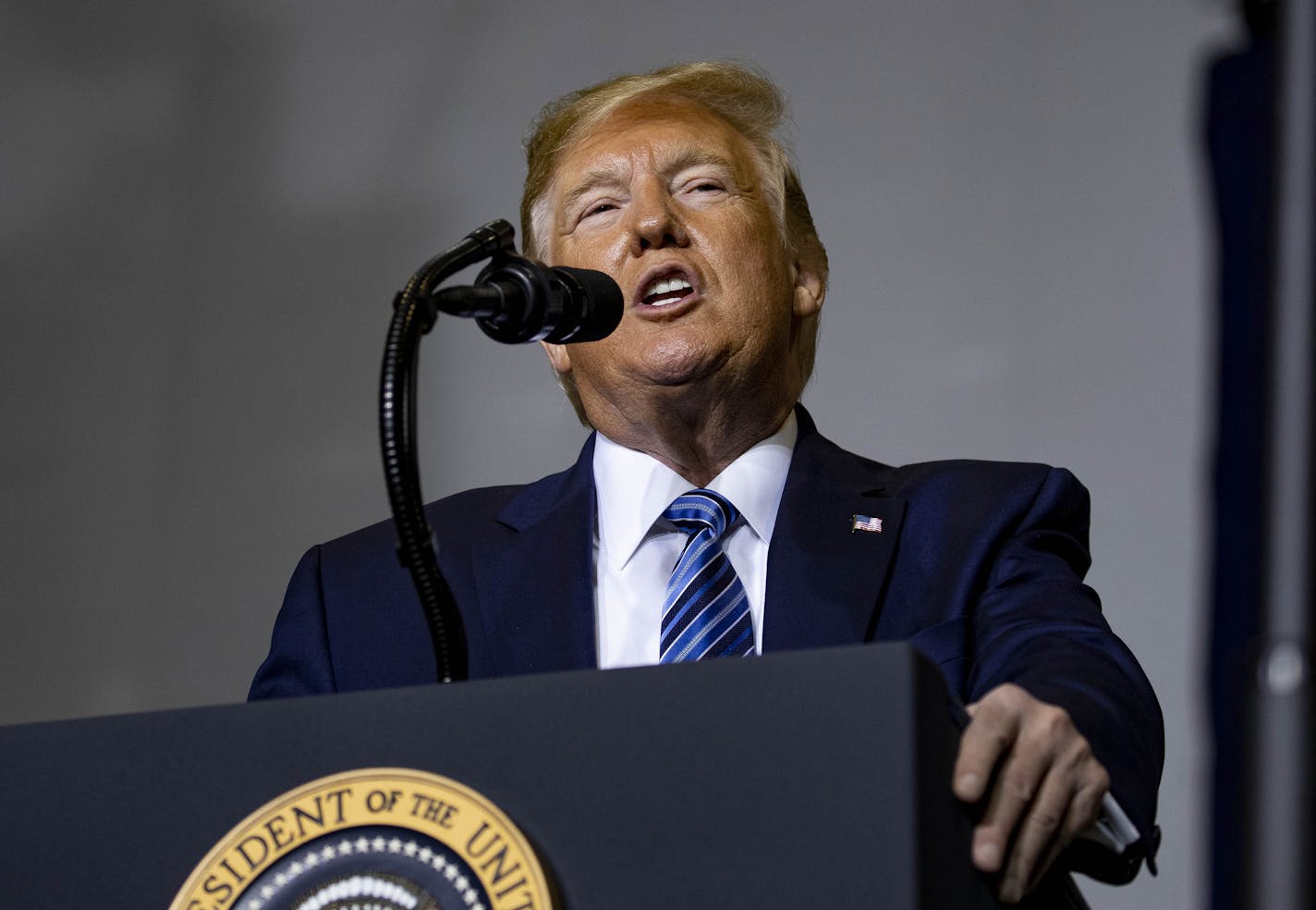 President Donald Trump speaks about energy and manufacturing at an event in Monaca, Pa., Aug. 13, 2019. President Trump insists China is paying the full cost of his tariffs. But his decision to push some of them off until December is an admission of their impact on American consumers. (Anna Moneymaker/The New York Times)