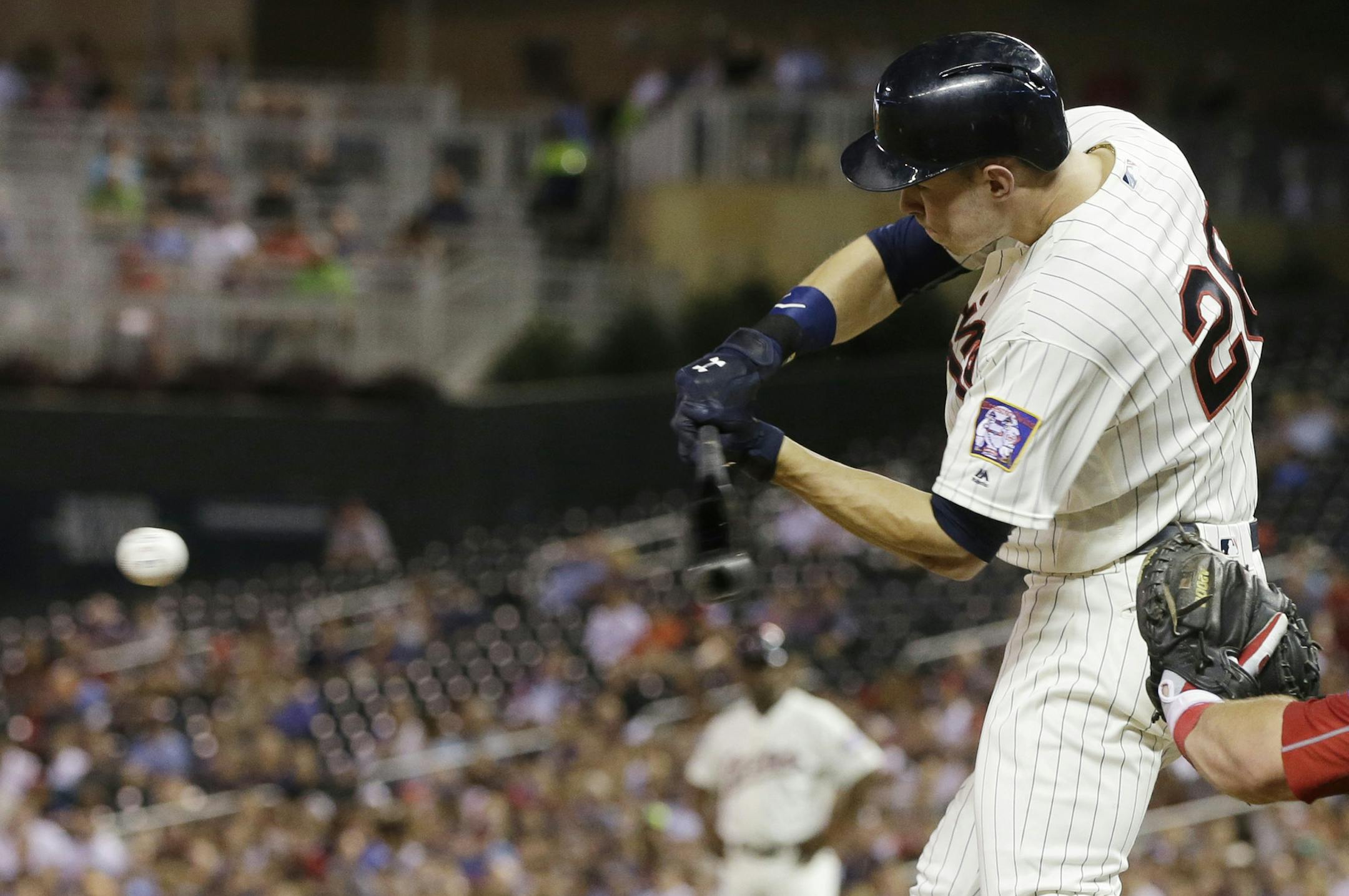 Minnesota Twins' Max Kepler hits an RBI single off Philadelphia Phillies pitcher Adam Morgan during the fifth inning of a baseball game Wednesday, June 22, 2016, in Minneapolis. (AP Photo/Jim Mone)