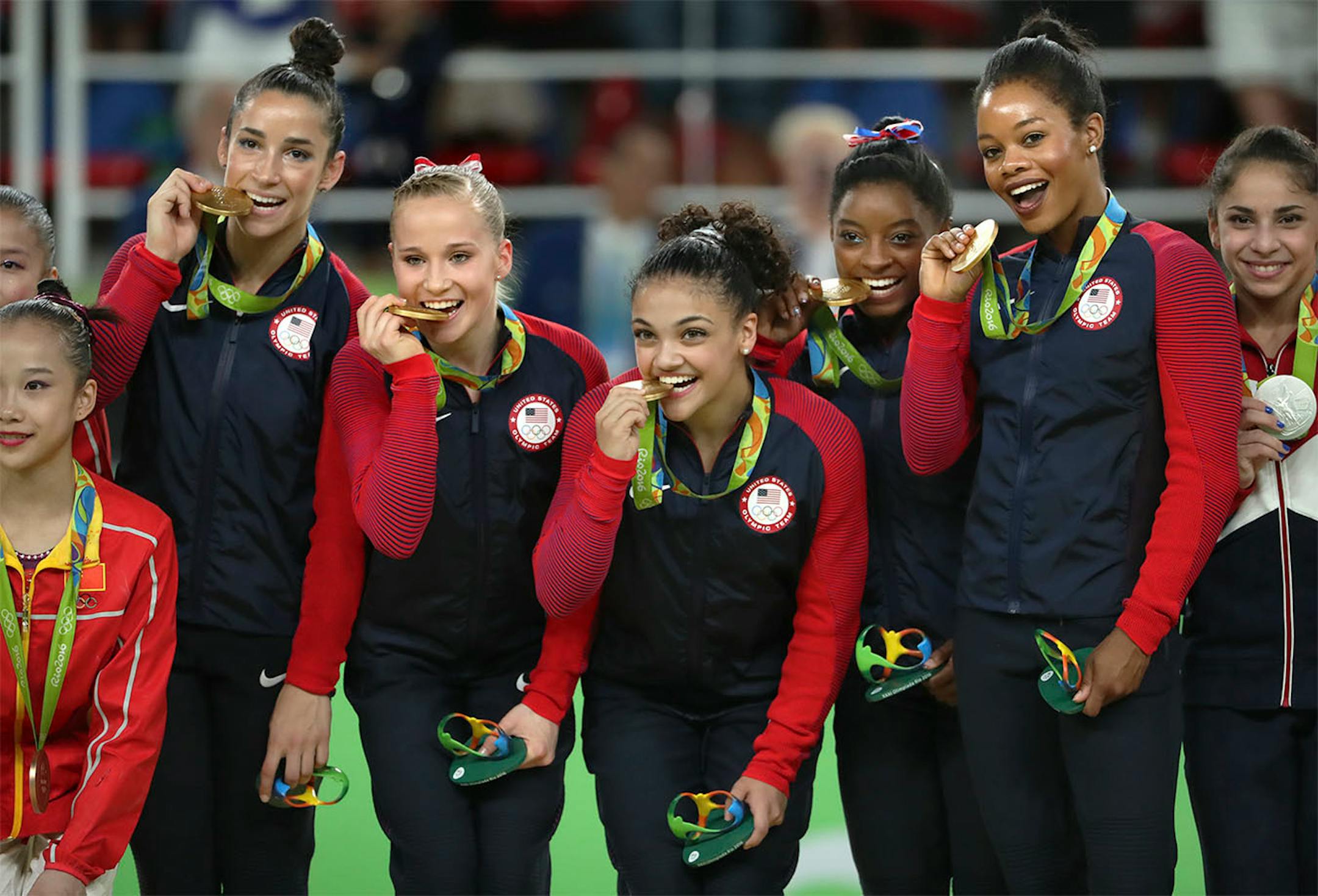 USA women's Gymnastic team took home the gold medal in team competition for the 2nd straight Olympics. (L to R) Alexandra Raisman, Madison Kocian, Lauren Hernandez, Simone Biles and Gabby Douglas.