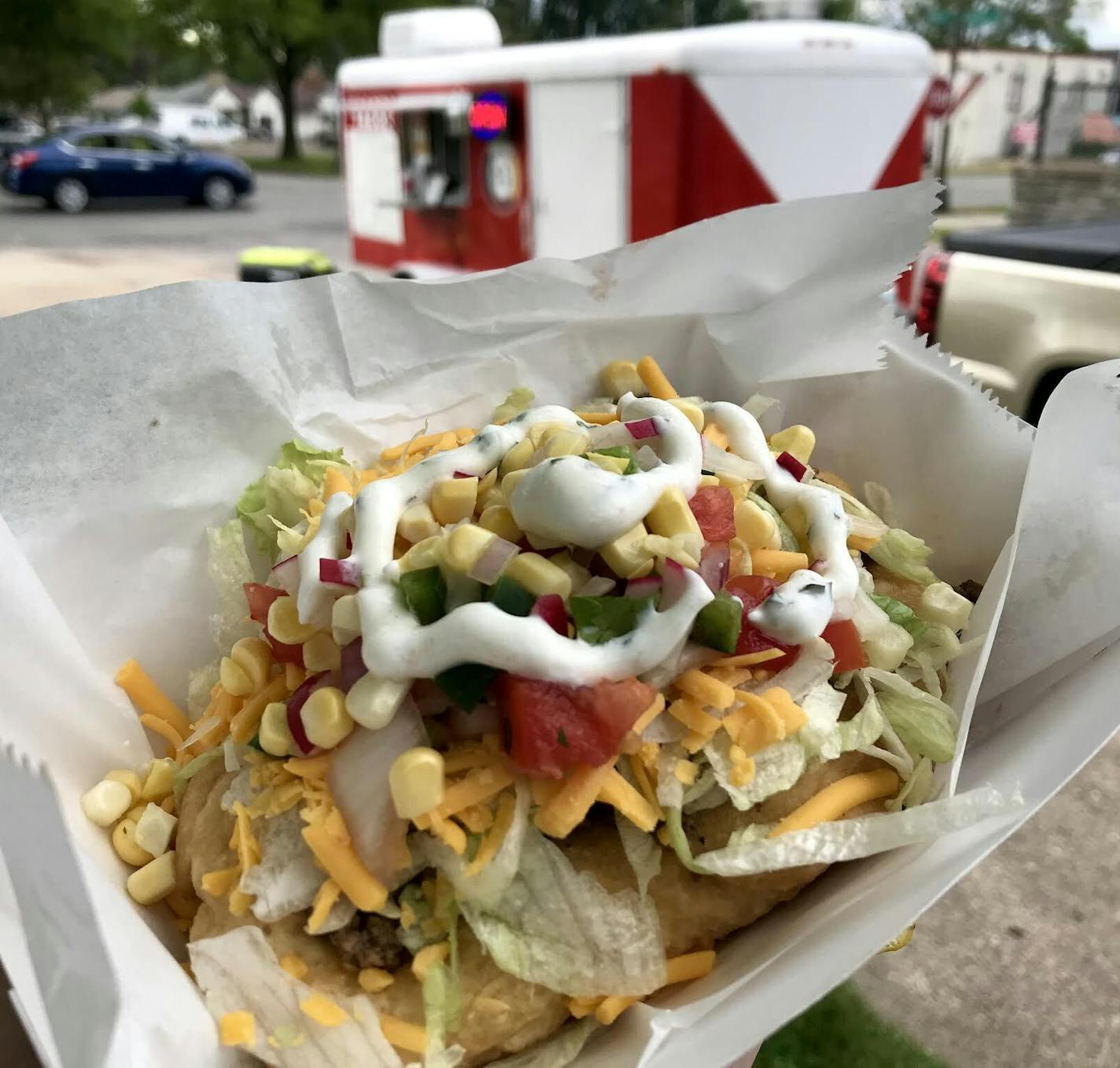 Fry bread taco at Trickster Taco.