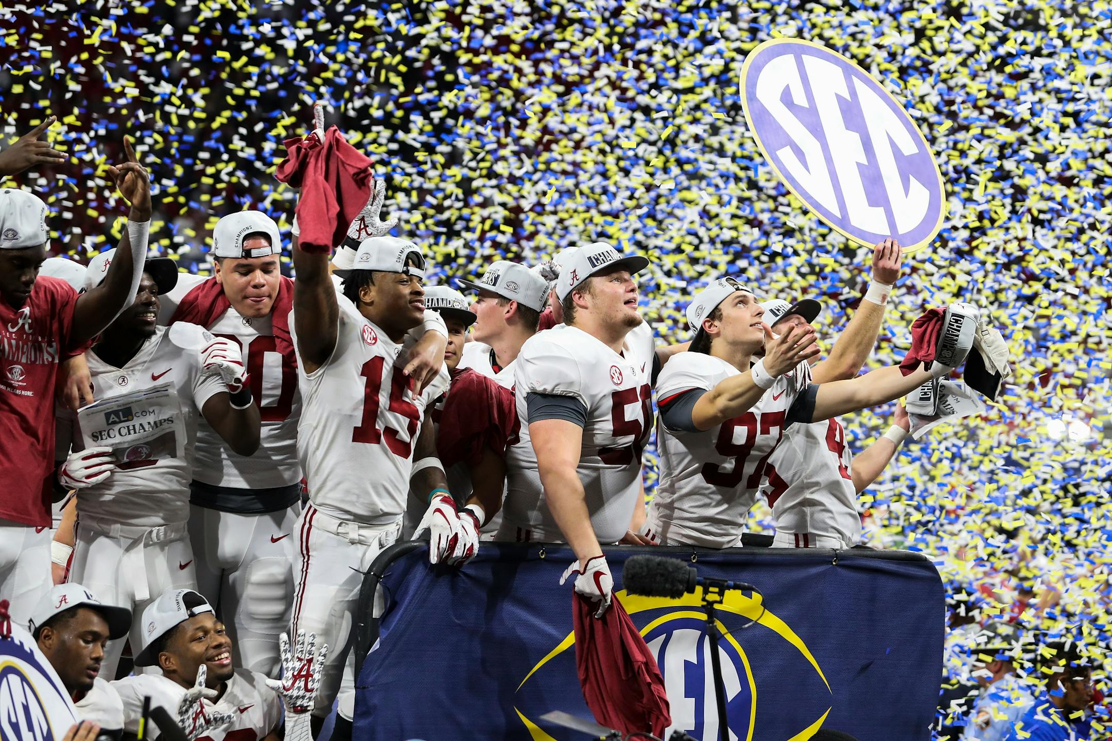 Alabama players celebrate after a win over Georgia for the Southeastern Conference championship