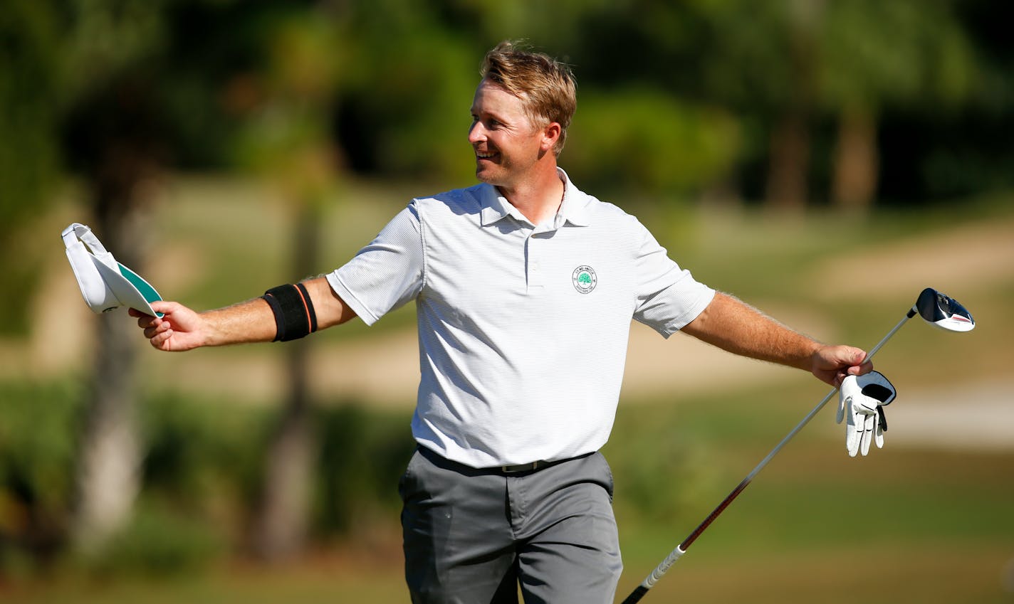 Farmington's Sammy Schmitz reacted to his ace on the 33rd hole, the par-4, 290-yard hole during the final round of the 2015 U.S. Mid-Amateur at John's Island Club (West Course) in Vero Beach, Fla., on Thursday.