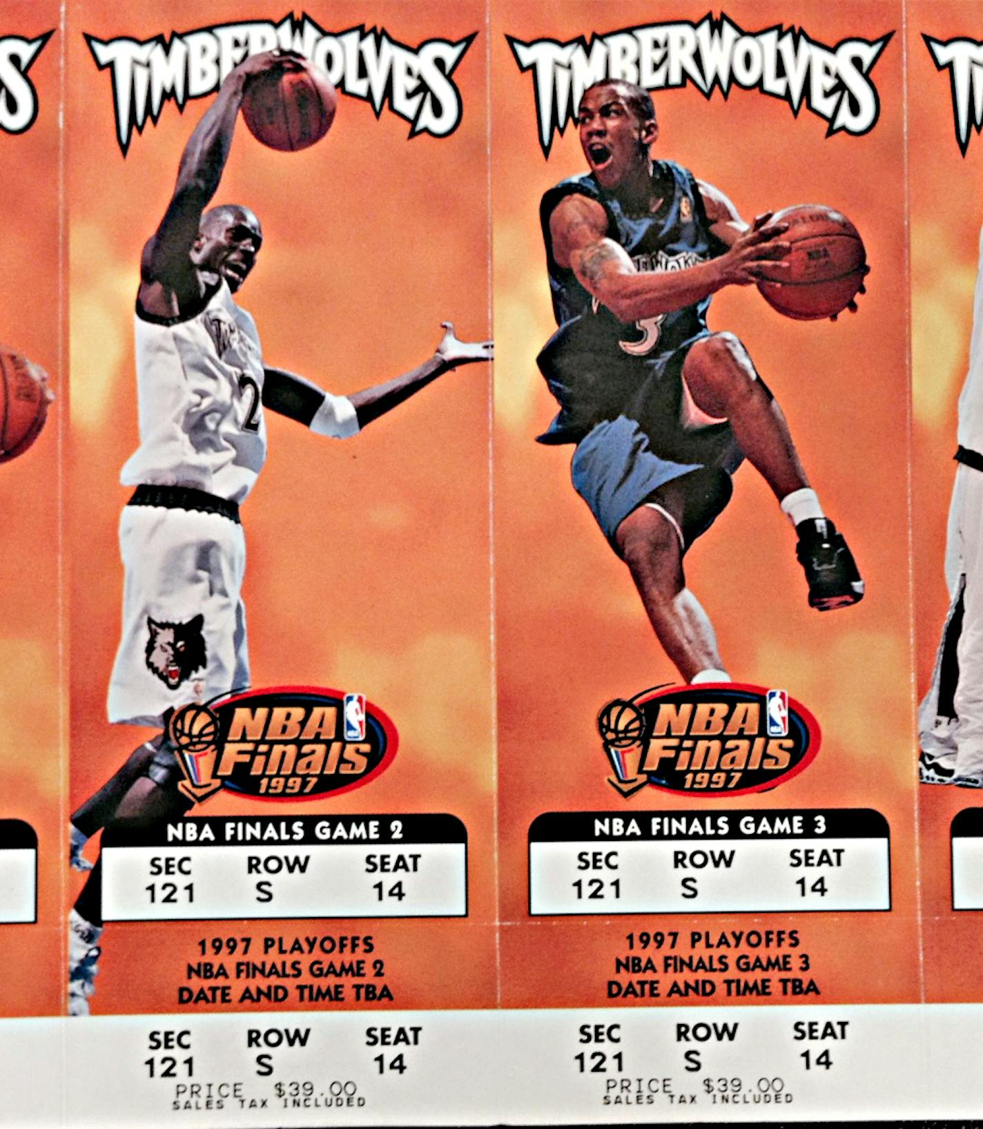 Photos by Michael Rand > mrand@startribune.com Wolves garage sale. May 2015. A strip of tickets to the 1997 NBA Finals, which were obviously never needed.