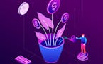 Investment concept - modern colorful isometric vector illustration on purple background. A composition with a businessman standing on coins stack, wat