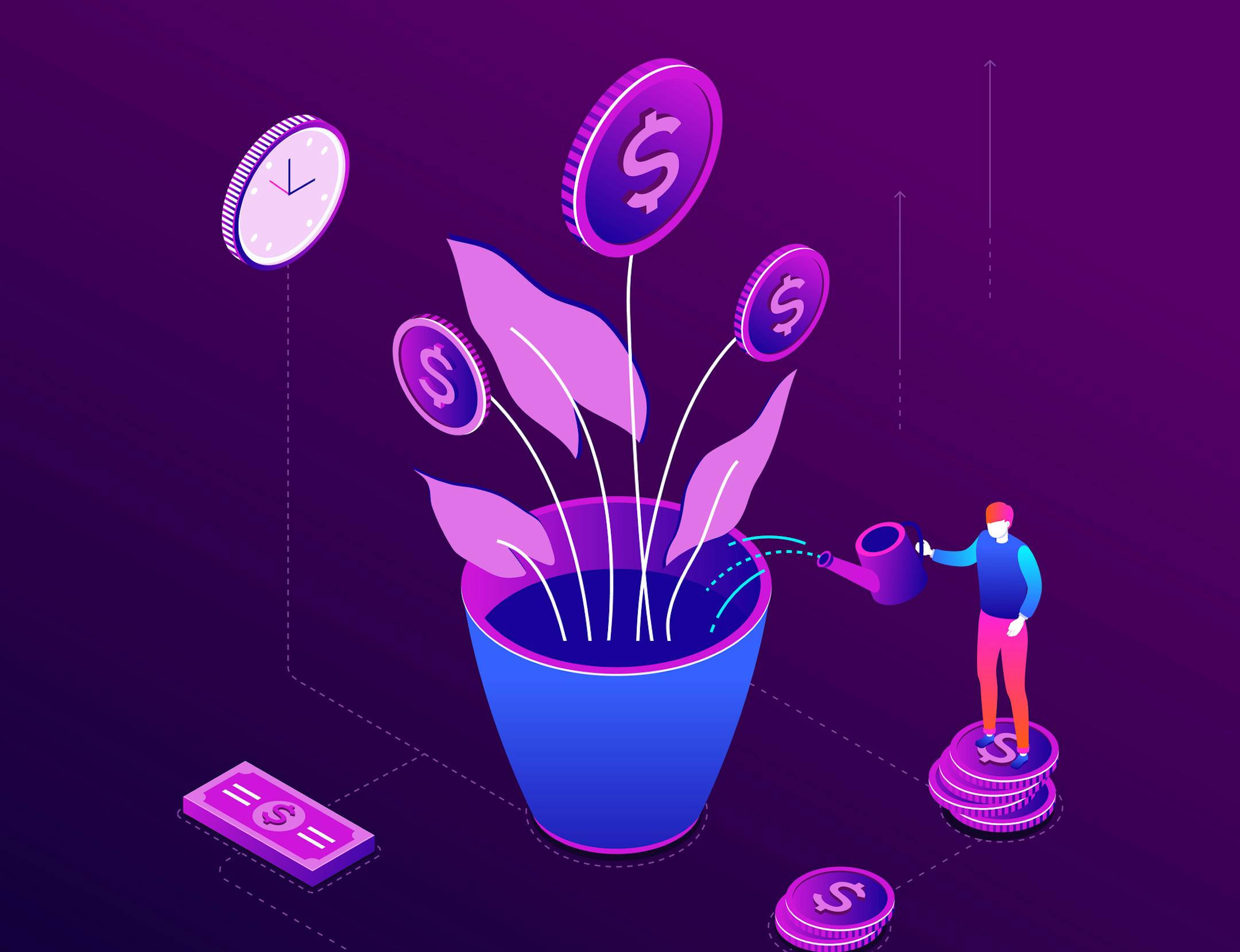 Investment concept - modern colorful isometric vector illustration on purple background. A composition with a businessman standing on coins stack, watering money tree, images of clock and banknotes
