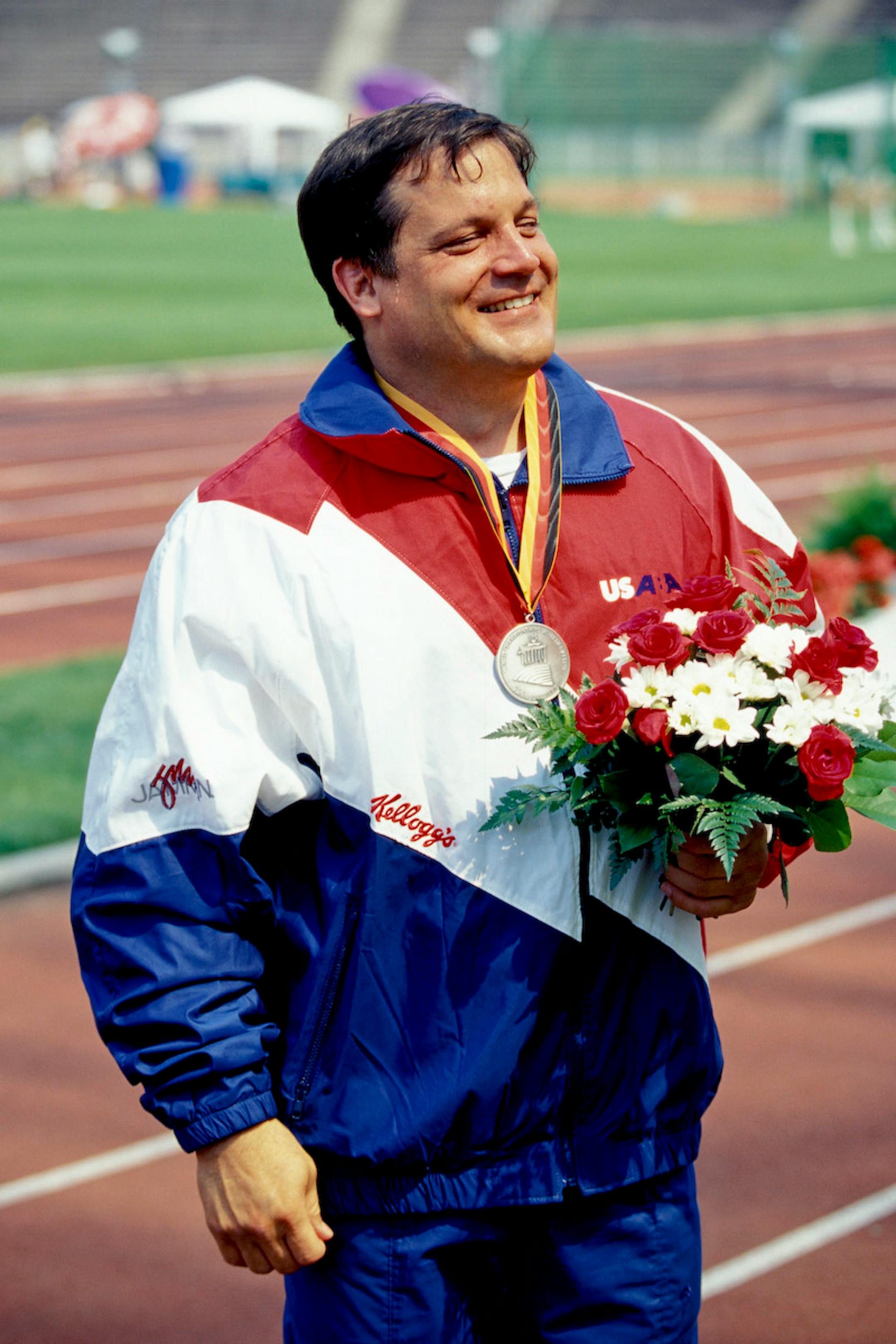 Jim Mastro during one of his many triumphs — this one at the 1994 World Track and Field championships for the blind in Berlin, Germany. He won the silver medal for the shot put.