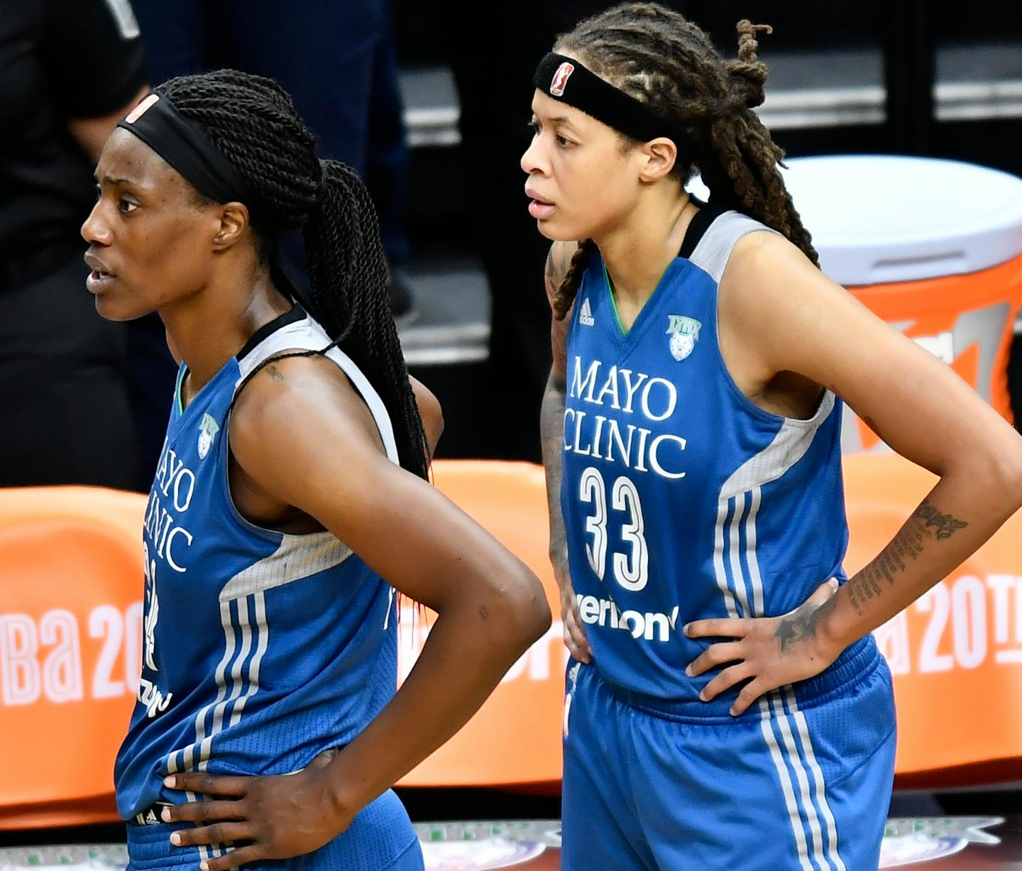 Lynx center Sylvia Fowles (34) and guard Seimone Augustus (33) were dejected after their team's 77-76 loss to the Los Angeles Sparks in Game 5 of the WNBA Finals on Thursday.