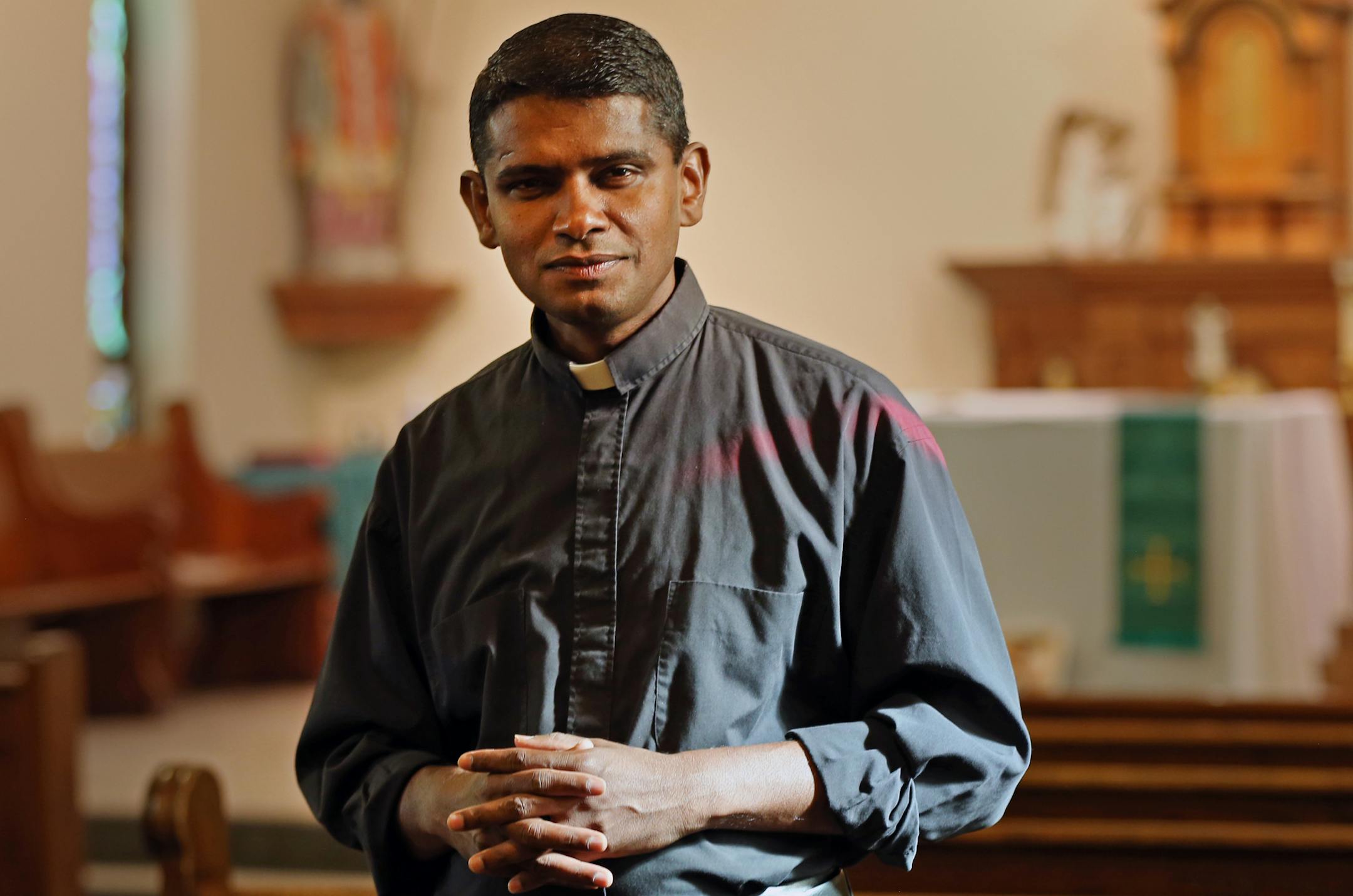 Father Thomas Joseph stands inside St. Nicholas Parish in Carver, Minn. after describing the impact Mother Teresa has had on him. Fr. Joseph has written a book about his time spent with Mother Teresa, who will be canonized in the Roman Catholic Church. ] Father Thomas Joseph has written a book about his time spent with Mother Teresa. Photographed at St. Nicholas Parish in Carver, Minn. on Friday, September 2, 2016. SHARI L. GROSS / shari.gross@startribune.com