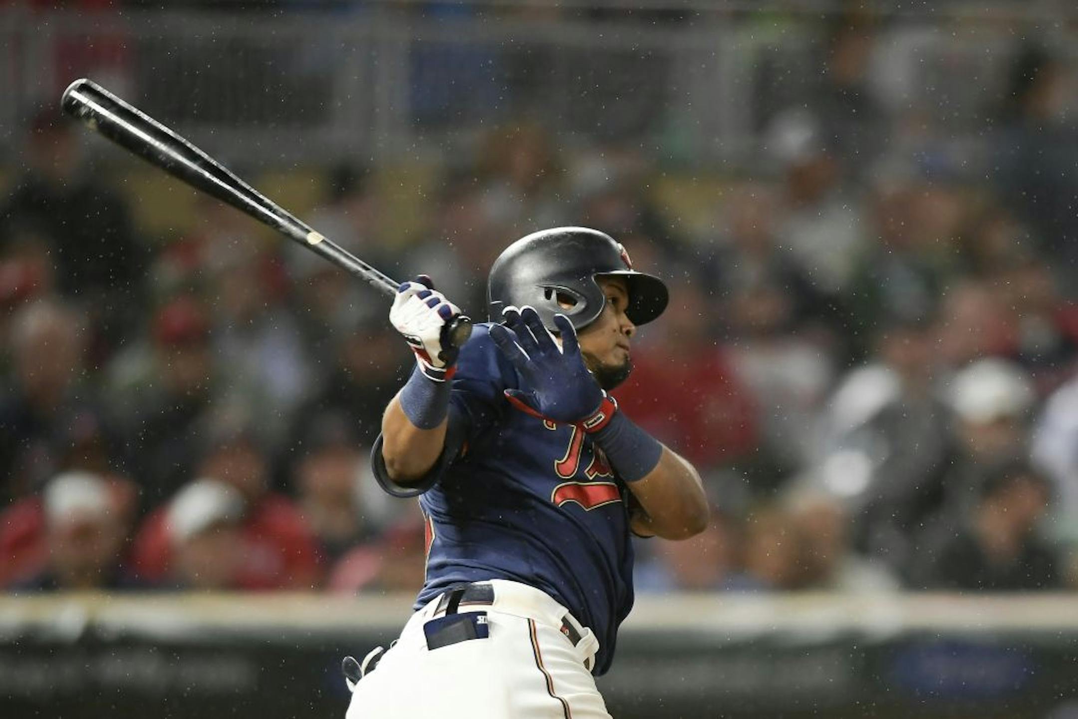 Minnesota Twins second baseman Luis Arraez (2) tripled in the bottom of the fourth inning off a pitch by Cleveland Indians starting pitcher Adam Plutko (45).