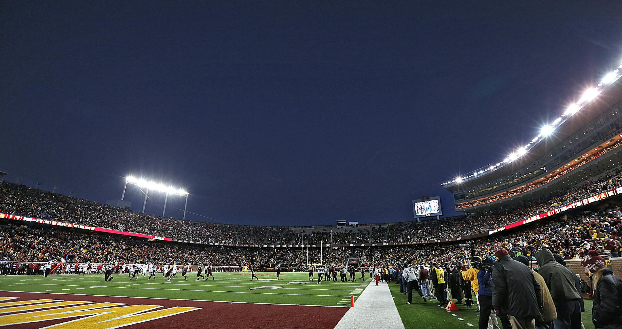 TCF Bank Stadium at dusk. The Gophers are expected to play four games in primetime this fall.