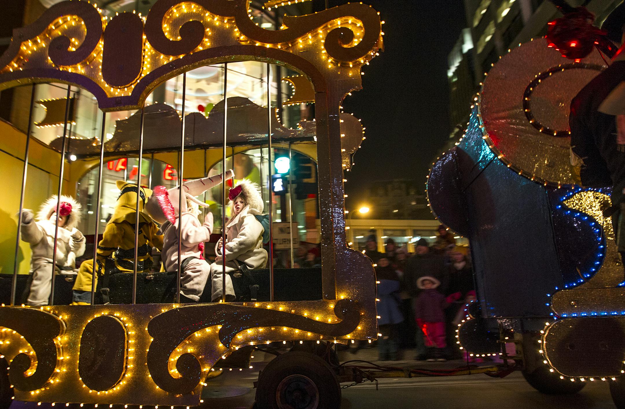 The Circus Train lights up the night in the 2013 Target Holidazzle parade on Nicollet Mall in Minneapolis November 29, 2013. (Courtney Perry/Special to the Star Tribune)