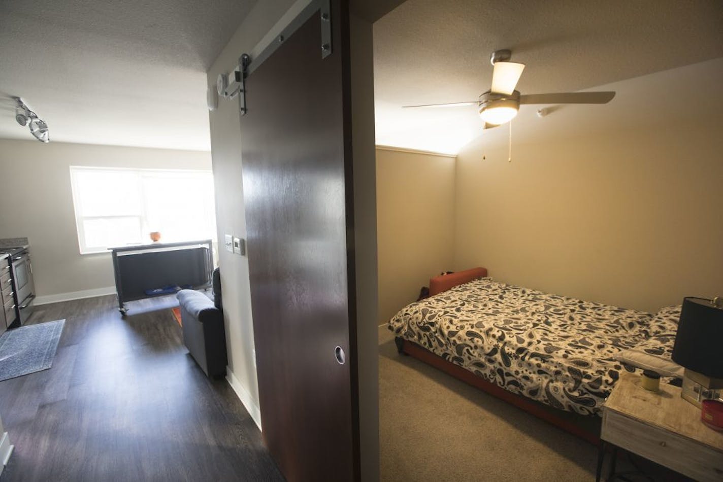 The bedroom in the 529 square foot lilac floor plan at Chroma.