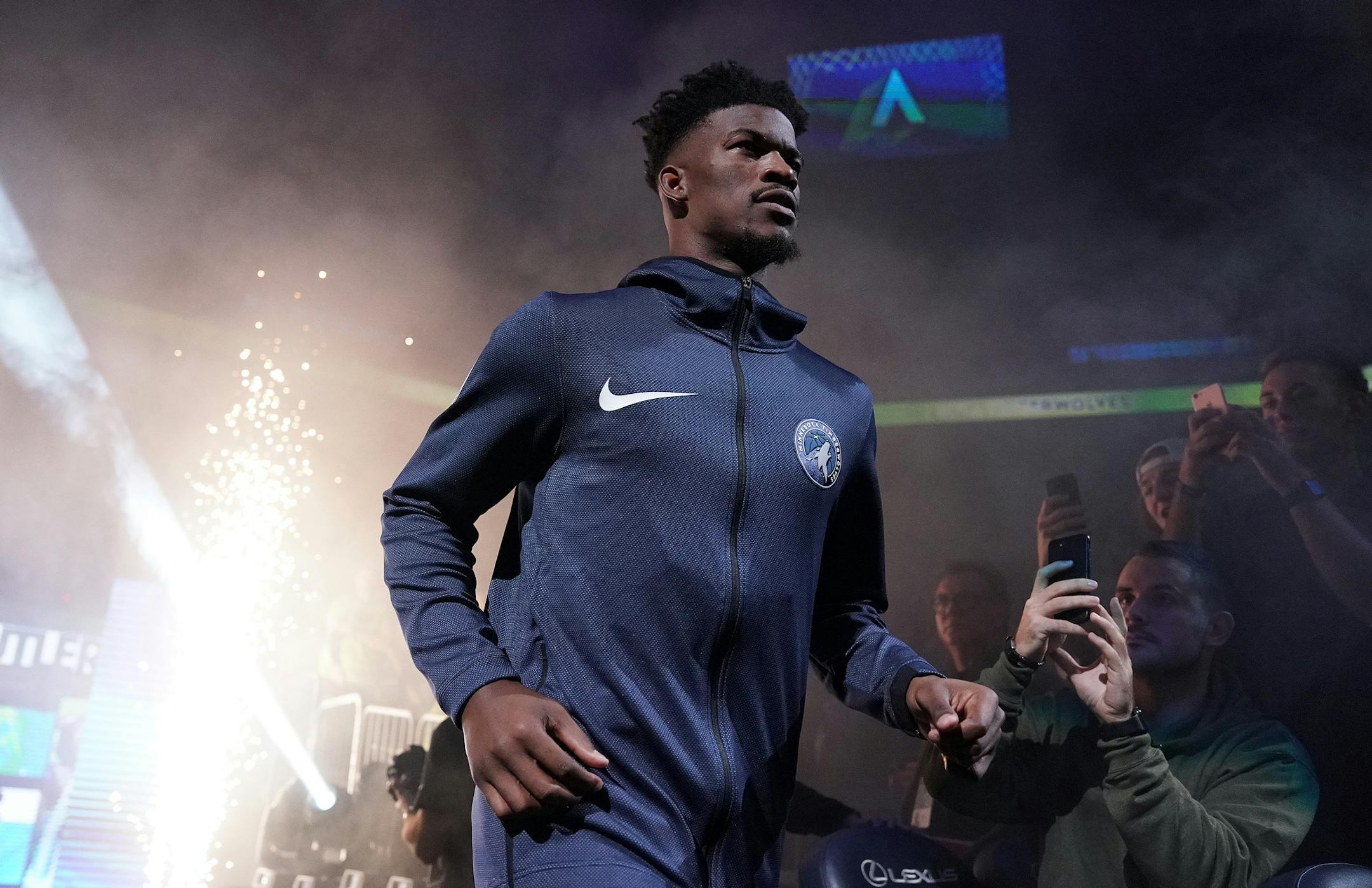 Minnesota Timberwolves guard Jimmy Butler (23) took the court to a mixture of cheers and boos. ] ANTHONY SOUFFLE ï anthony.souffle@startribune.com The Minnesota Timberwolves played the Cleveland Cavaliers in their NBA season home opener Friday, Oct. 19, 2018 at the Target Center in Minneapolis.