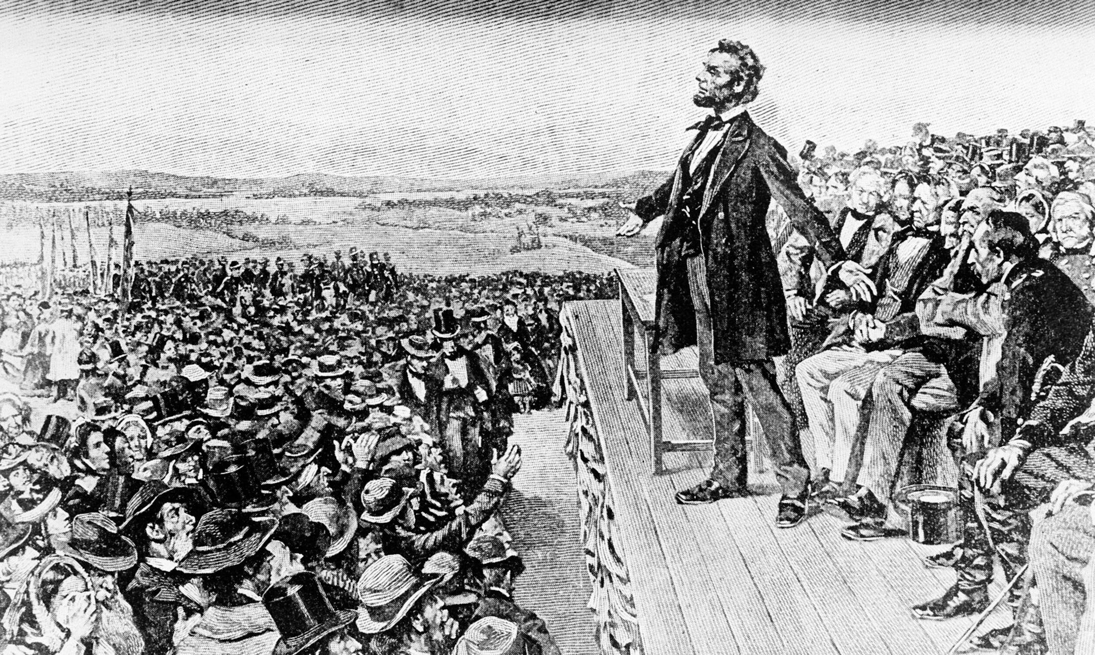 This undated illustration depicts President Abraham Lincoln making his Gettysburg Address at the dedication of the Gettysburg National Cemetery on the battlefield at Gettysburg, Pa., Nov. 19, 1863. The cemetery commemorates soldiers who died in the American Civil War Battle of Gettysburg in July. (AP Photo) ORG XMIT: APHS146