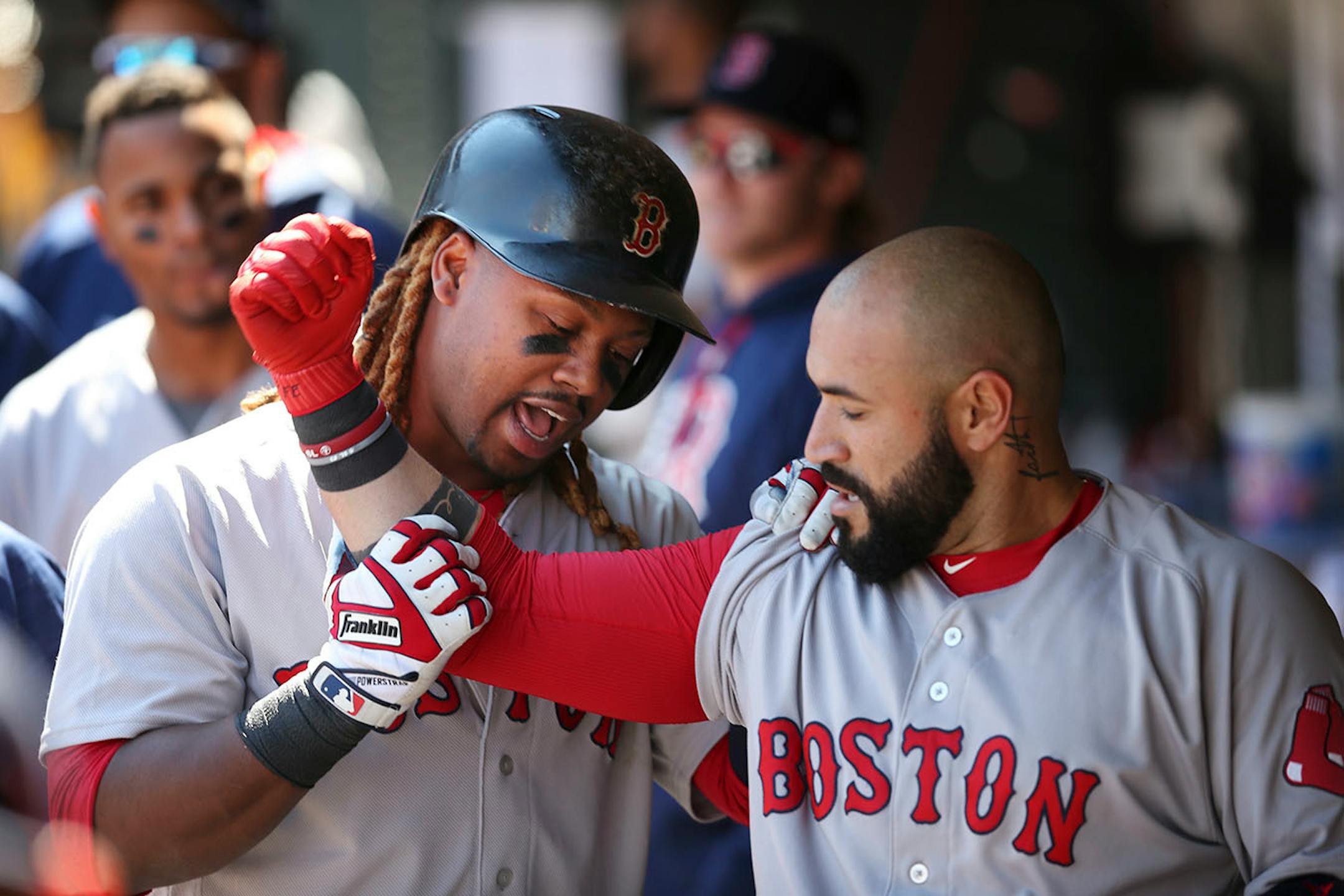 Red Sox Hanley Ramirez left, celebrated with Sandy Leon after he hit a two run homer in the sixth inning at Target Field Sunday May 7, 2017 in Minneapolis, MN.