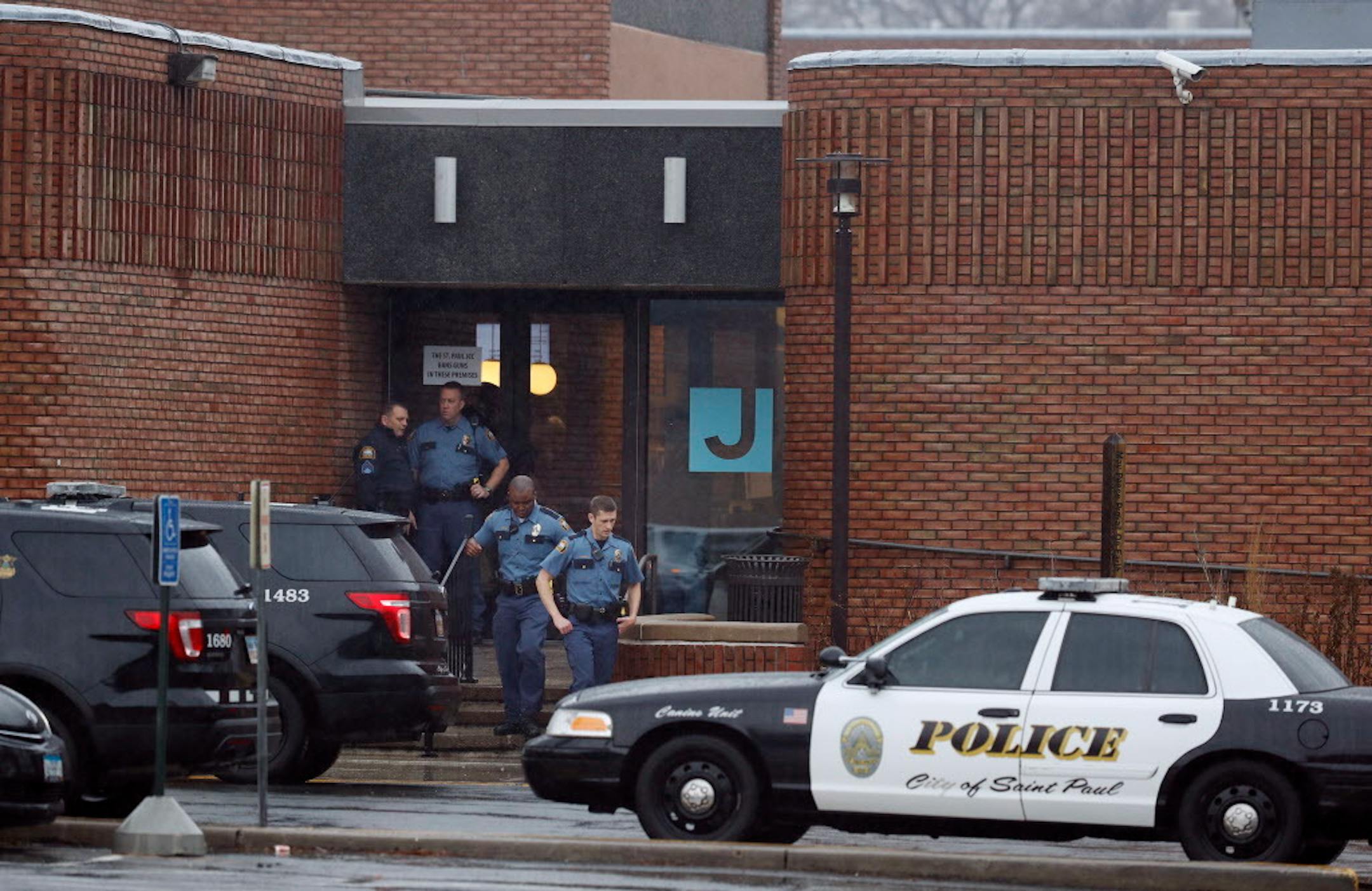 St. Paul Police officers stood out front of the St. Paul Jewish Community Center after it was evacuated after receiving a bomb threat Monday February 20, 2017.
