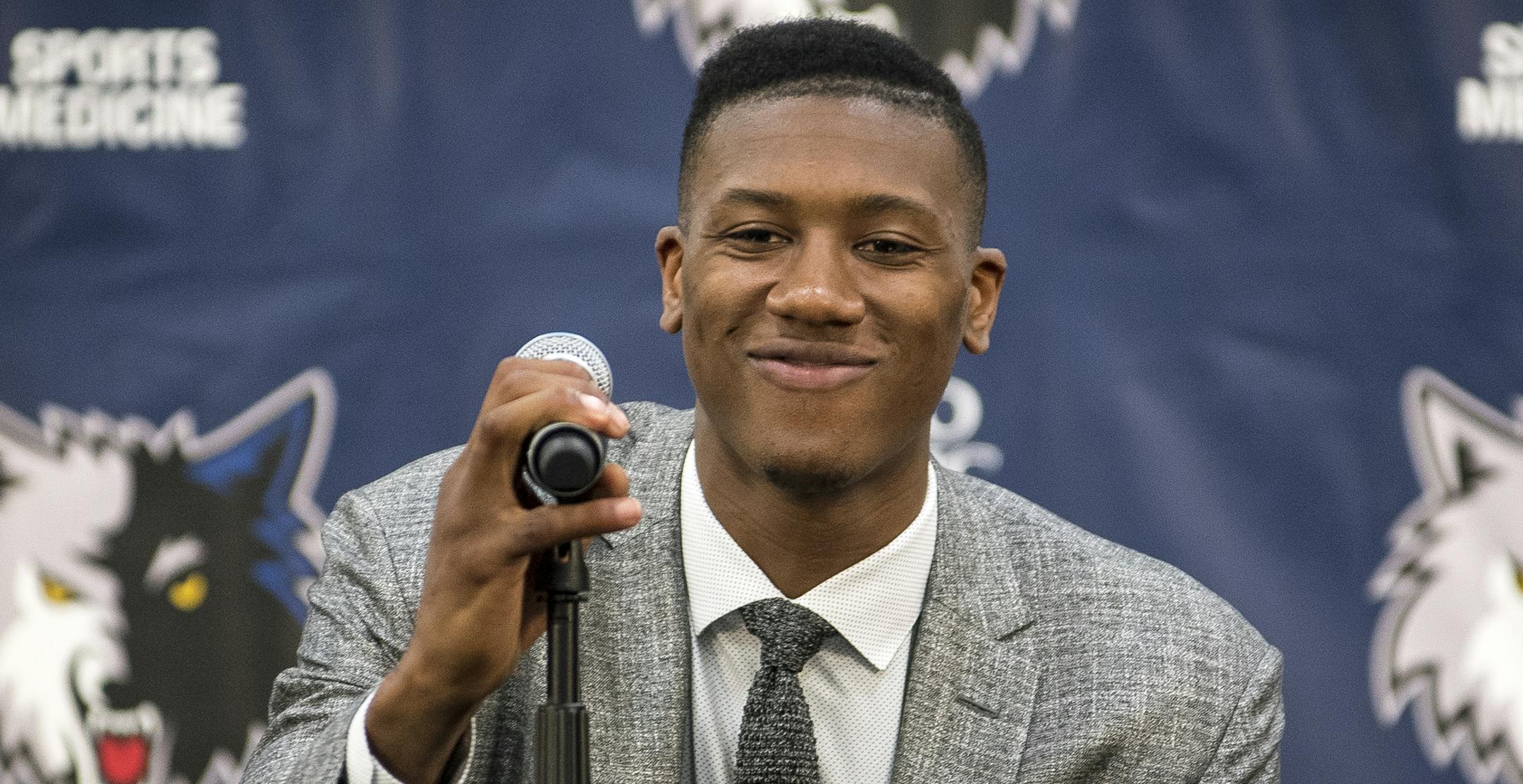 Minnesota Timberwolves first-round draft pick Kris Dunn cracked a smile as he spoke to the media Friday during a press conference at Mayo Courts. ] (AARON LAVINSKY/STAR TRIBUNE) aaron.lavinsky@startribune.com Minnesota Timberwolves first round draft pick Kris Dunn attended a press conference on Friday, June 24, 2016 in downtown Minneapolis. Dunn, who played point guard in Providence, was selected with the Timberwolves' fifth overall pick Thursday night.