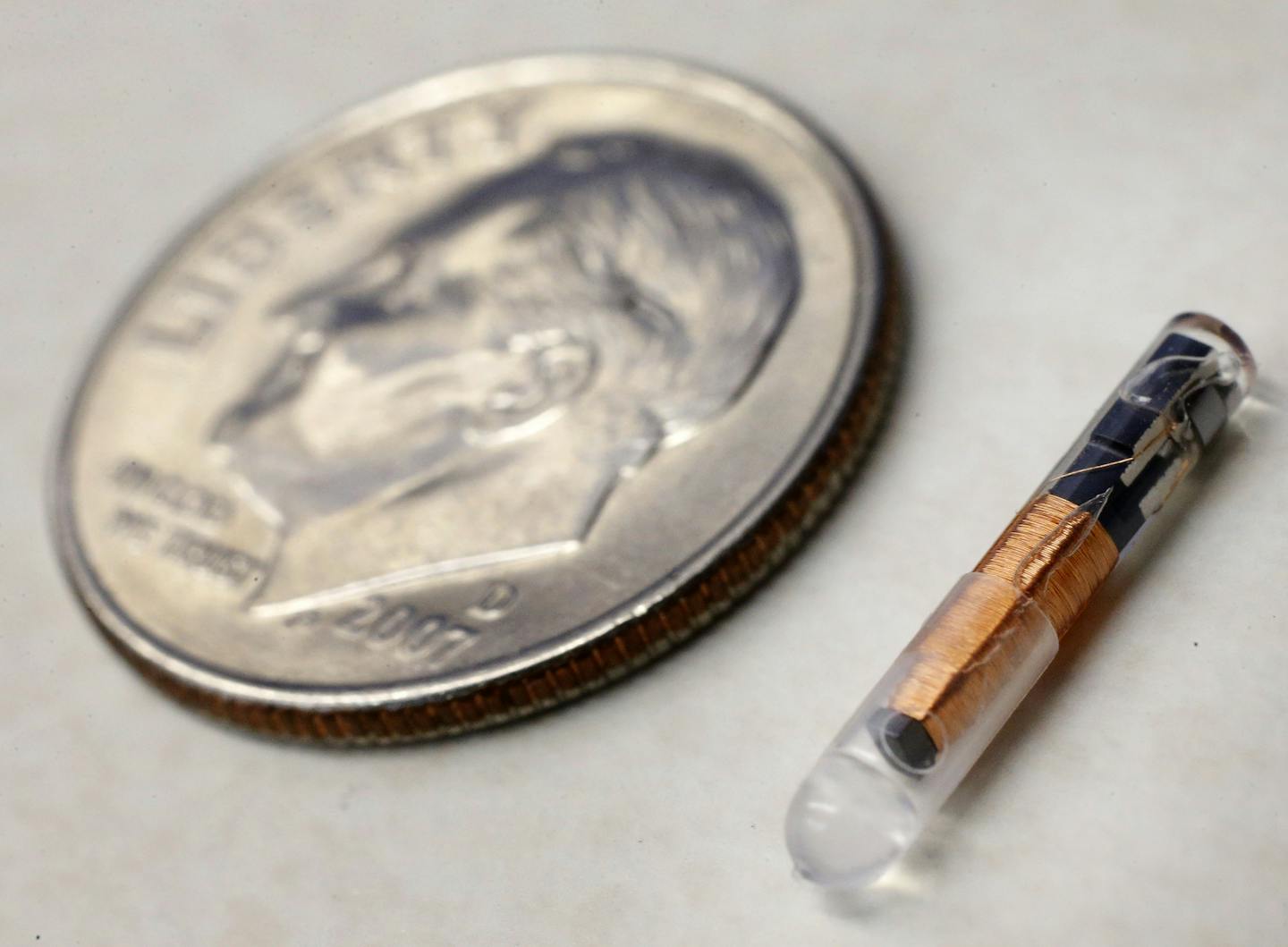 A pet ID microchip placed next to a dime for scale at Countryside Veterinary Clinic in Norwood Young America, MN. ] CARLOS GONZALEZ cgonzalez@startribune.com - December 11, 2014 &#x201a;&#xc4;&#xec; Young America, Minn., Victoria is on its way to becoming the latest suburb to stop requiring dog owners to get licenses for their pets. The long-standing practice is giving way to technology like implantable microchips and social media - that increasingly helps people track down their lost pets.