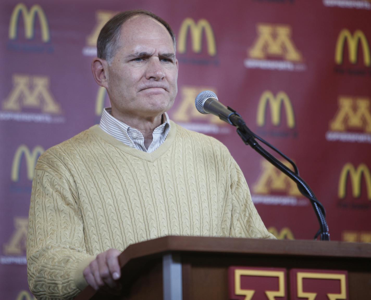 Richard Tsong-Taatarii/rtsong-taatarii@startribune.com Minneapolis, MN;10/17/10;left to right ] At TCF Stadium, Athletics Director Joel Maturi announced that U of M football coach Tim Brewster was relieved of his duties and his contract was terminated. "We have high aspirations for our football program and we not satisfied with its current direction."