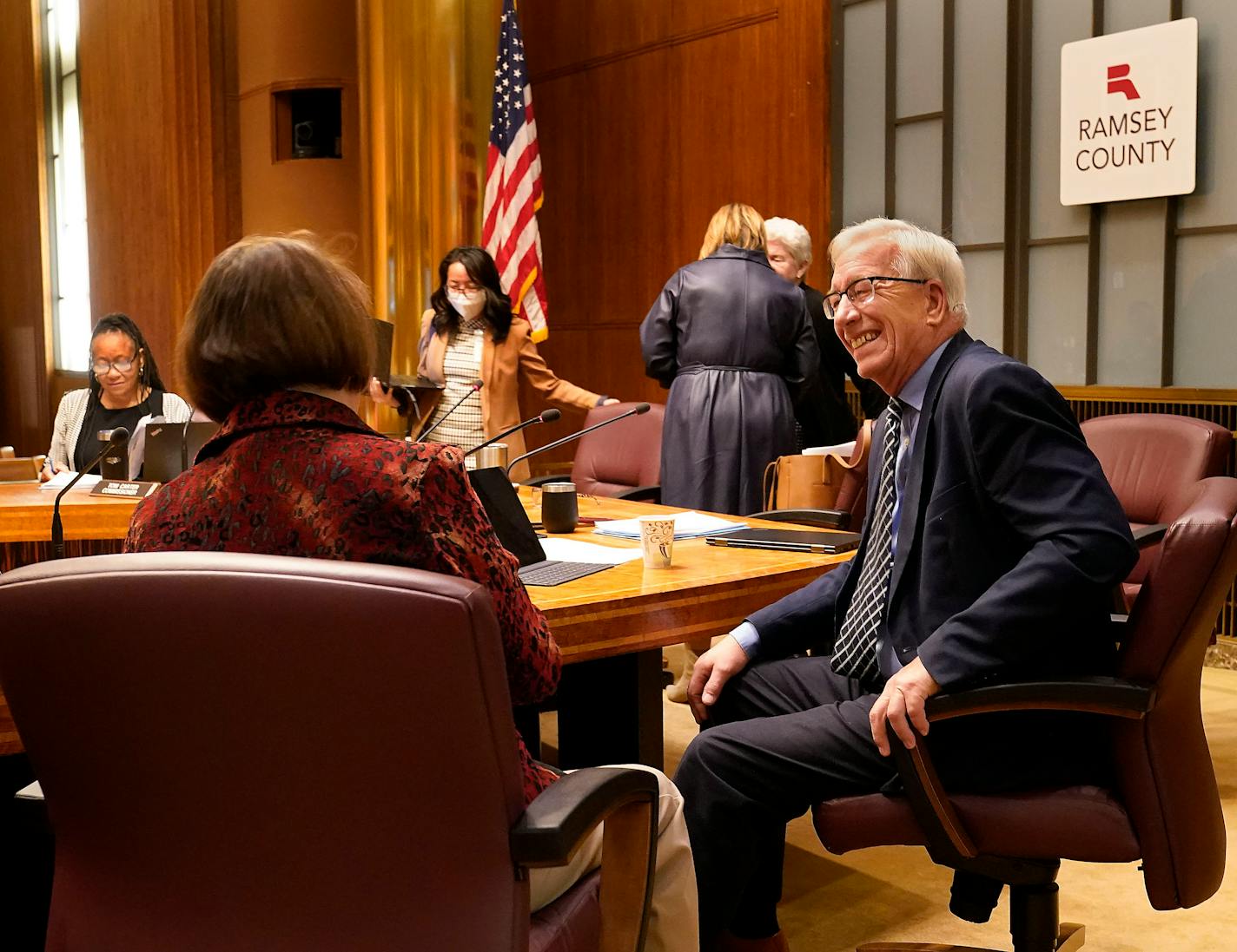 Longtime Ramsey County Commissioners Jim McDonough, right, and Toni Carter, left, mom of St. Paul Mayor Melvin Carter, are not seeking reelection and will be retiring at the end of the current term and were seen at the conclusion of a Ramsey County Commission meeting Tuesday, Oct. 18, 2022 at St. Paul City Hall in , Minn. ]