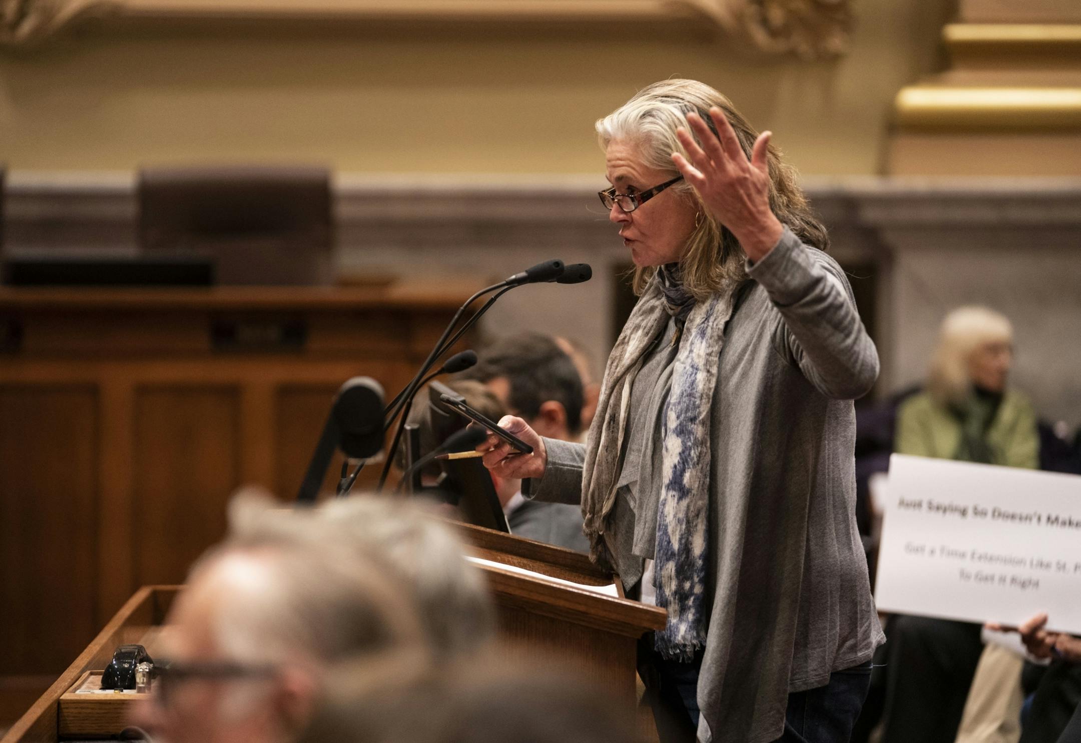Ellen Olmscheid spoke in opposition of the 2040 Comprehensive Plan, even calling out a council member for tweeting about the opponents insensitively the during a public hearing on the at City Hall in Minneapolis, Minn., on Wednesday, November 14, 2018.