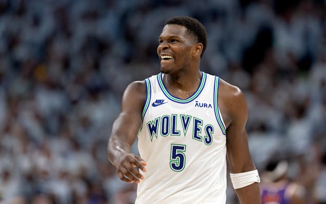 Anthony Edwards reacts as the Wolves go on a run to beat the Suns on Tuesday night at Target Center.