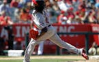 Minnesota Twins starting pitcher Ervin Santana throws against the Los Angeles Angels during the eighth inning of a baseball game in Anaheim, Calif., T