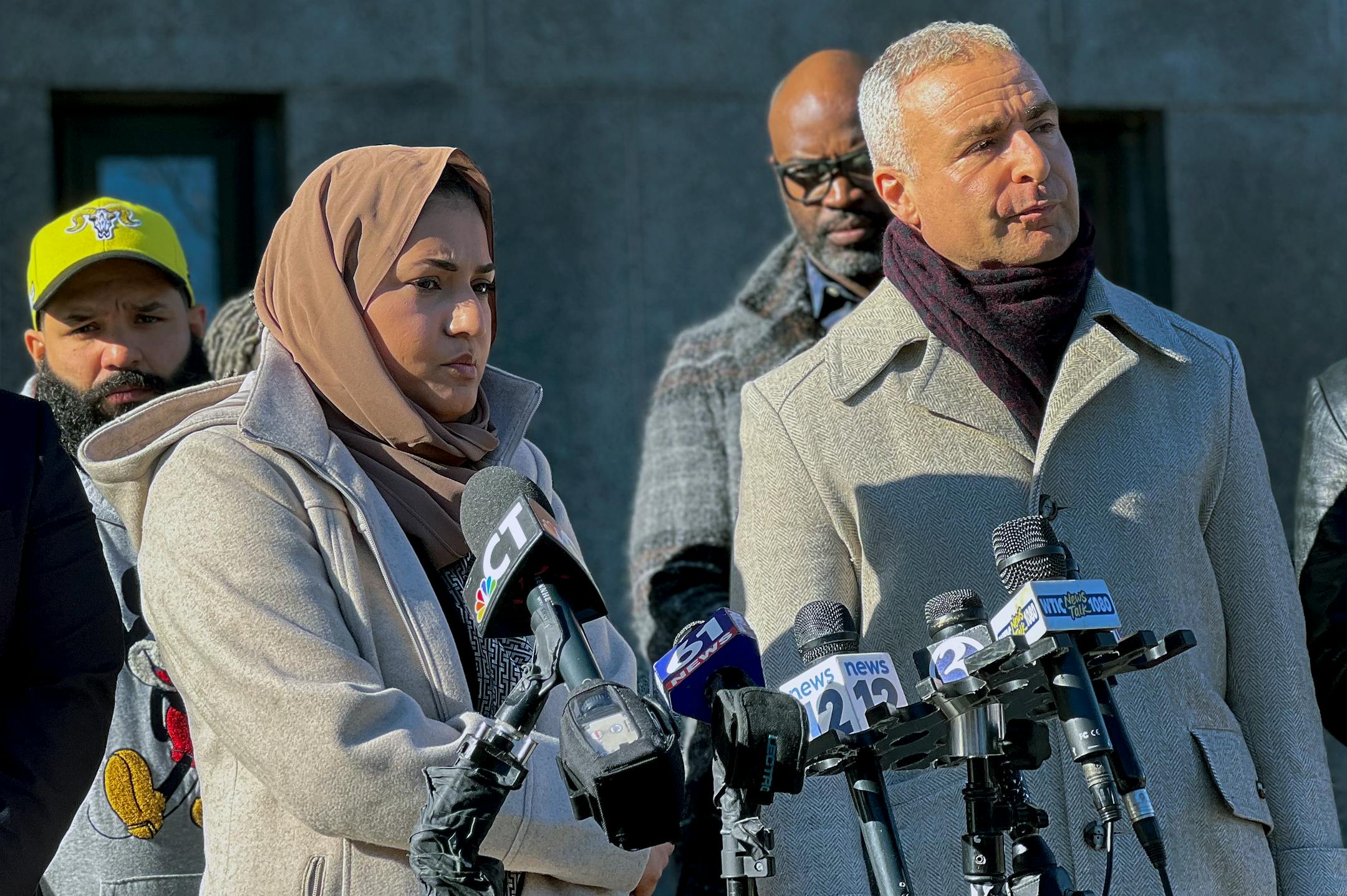 FILE - Connecticut state Rep. Maryam Khan, left, and her attorney Aaron Romano speak outside Hartford Superior Court, Dec. 21, 2023, in Hartford, Conn.