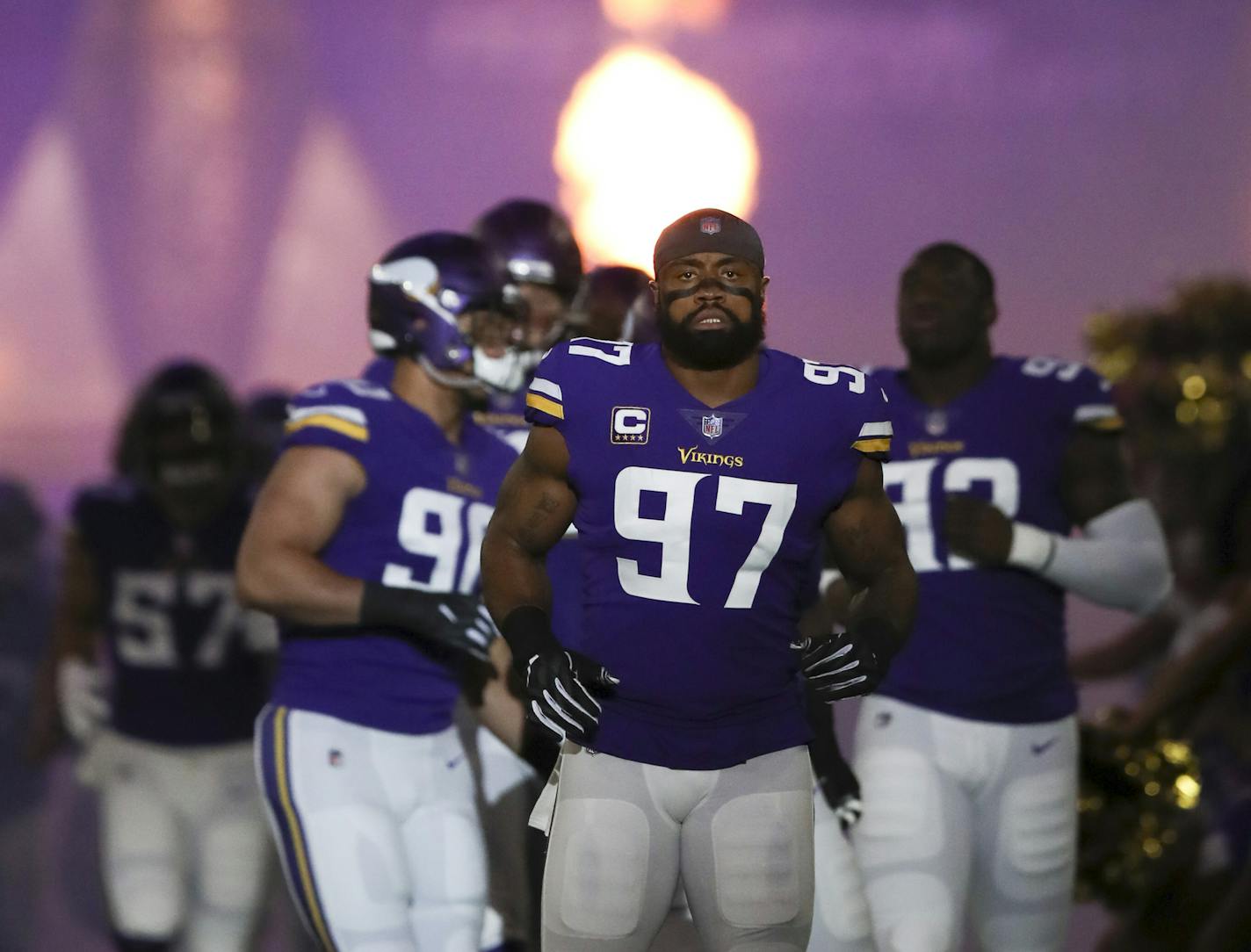 Minnesota Vikings defensive end Everson Griffen (97) ran onto the field during the pregame introductions. ] JEFF WHEELER &#xef; jeff.wheeler@startribune.com The Minnesota Vikings met the New Orleans Saints in an NFL football game Sunday night, October 28, 2018 at U.S. Bank Stadium in Minneapolis.