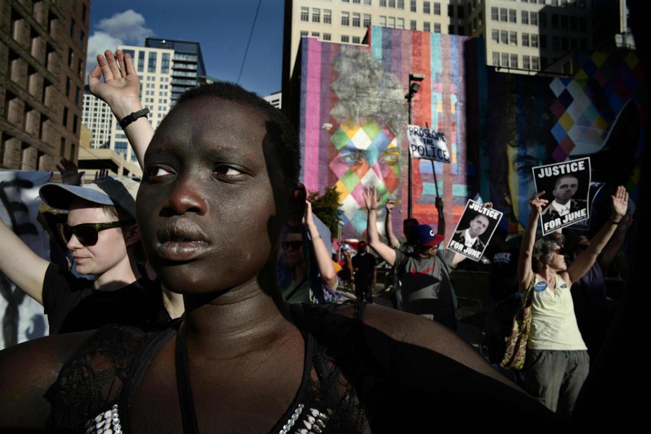 About 300 protesters including Nyakueth Biel took to the streets of downtown Minneapolis to protest the killing of Thurman Blevins by two Minneapolis cops.