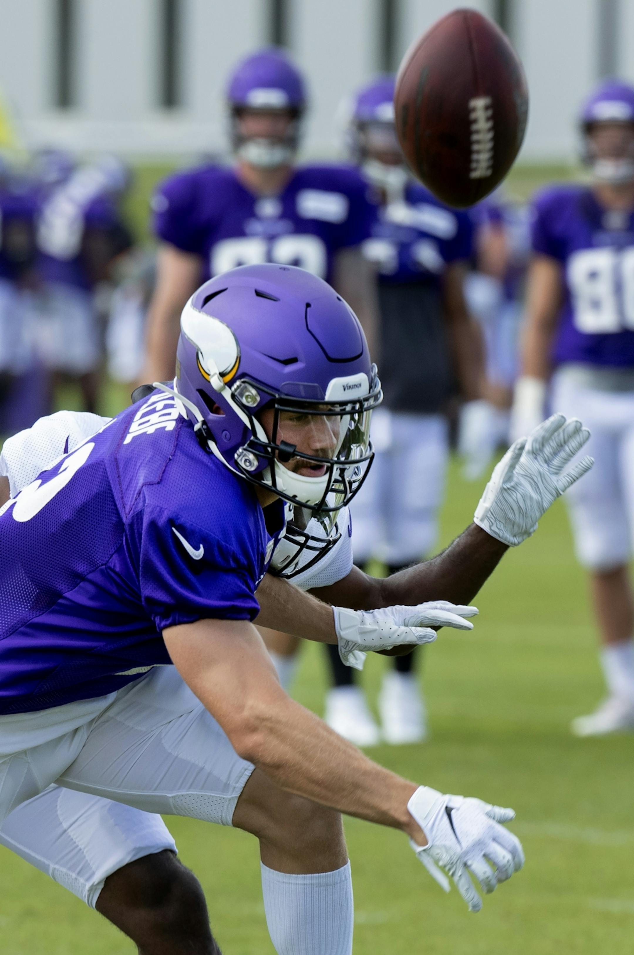 Minnesota Vikings Chad Beebe (12) could not hang onto a pass.