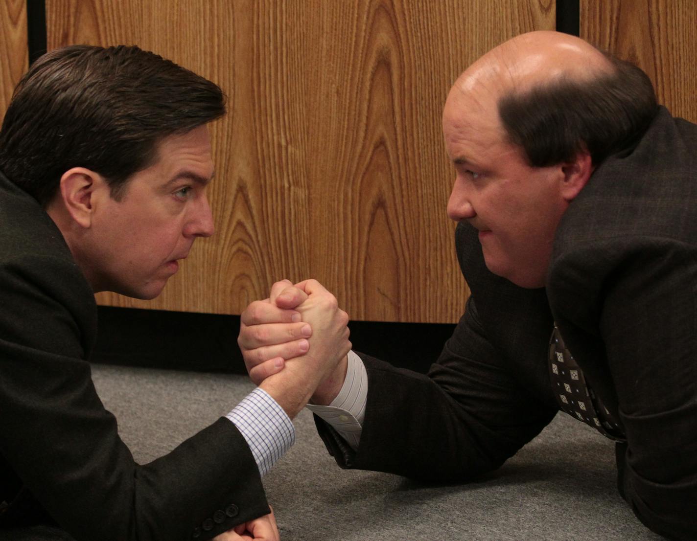 Ed Helms, left, wrestled with Brian Baumgartner on &#x201c;The Office.&#x201d;