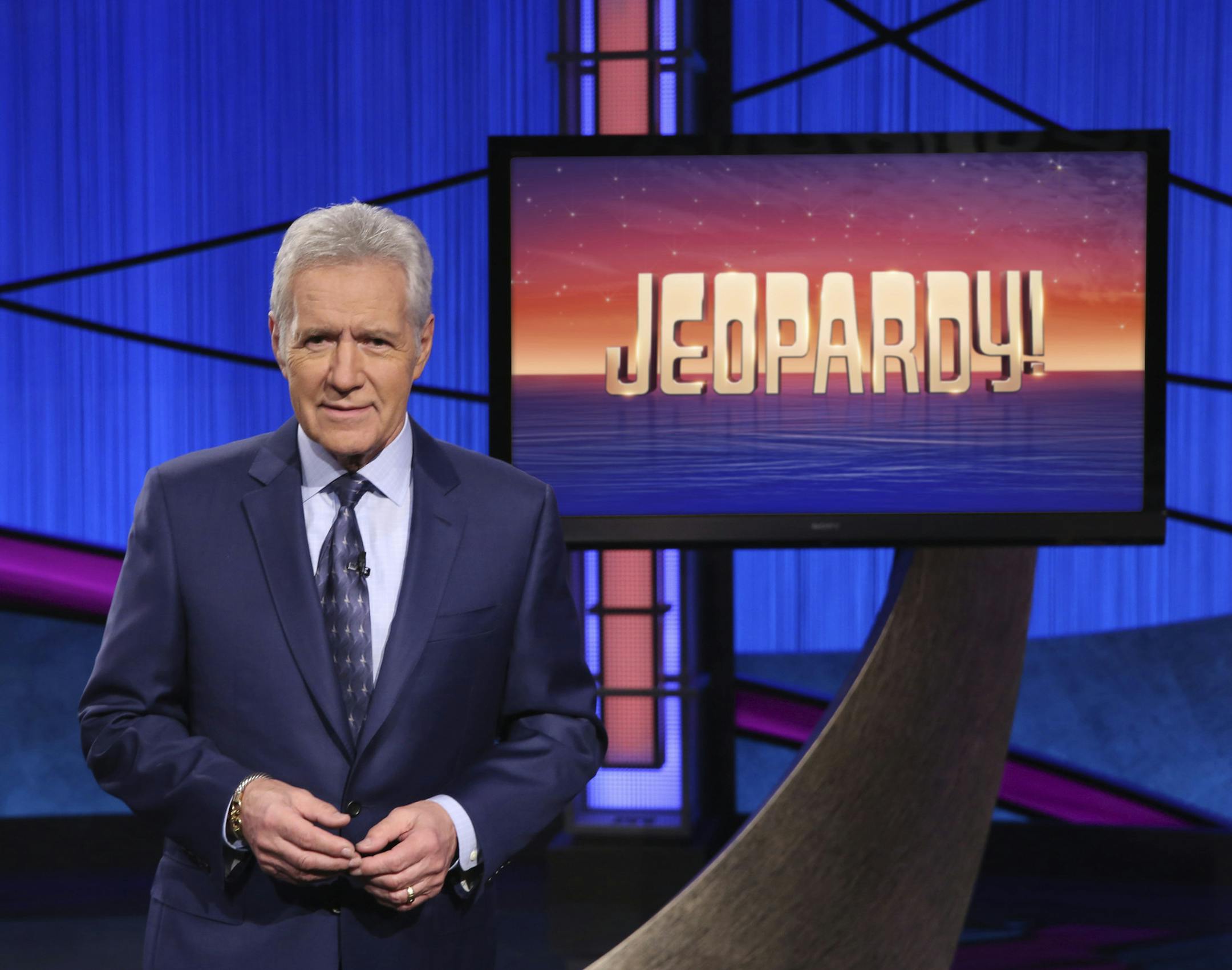This image released by Jeopardy! shows Alex Trebek, host of the game show "Jeopardy!" The program won outstanding game show at the 47th annual Daytime Emmy Awards. (Jeopardy! via AP)