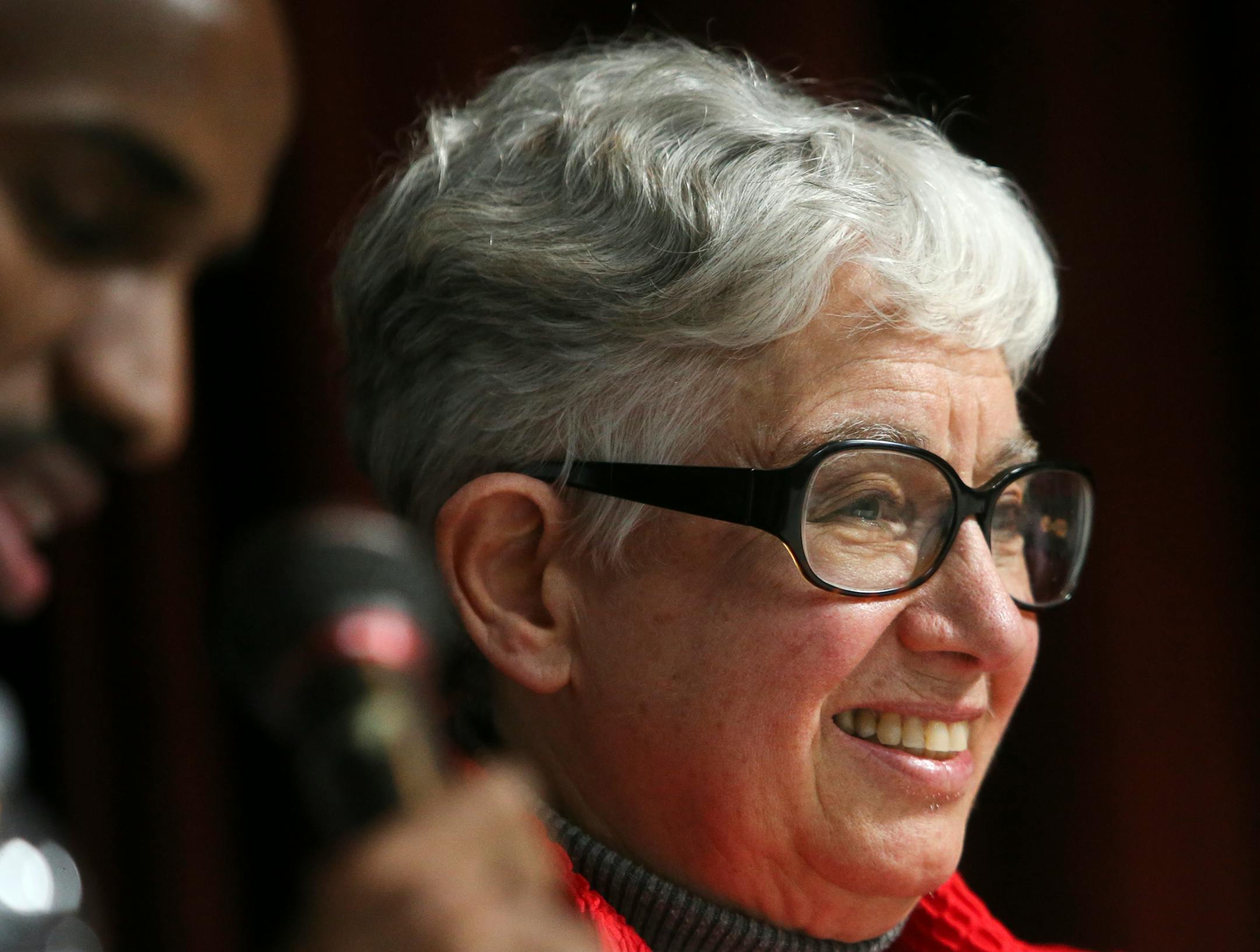 House incumbent Phyllis Kahn during a question and answer session with challenger Mahamud Noor at the DFL convention at De La Salle High School Saturday, April 5, 2014. Kahn had more than 58 percent of the vote in the second ballot but not the 60 percent or more needed and the convention was headed into a third ballot.](DAVID JOLES/STARTRIBUNE) djoles@startribune.com DFL convention at De La Salle High School Saturday, April 5, 2014.