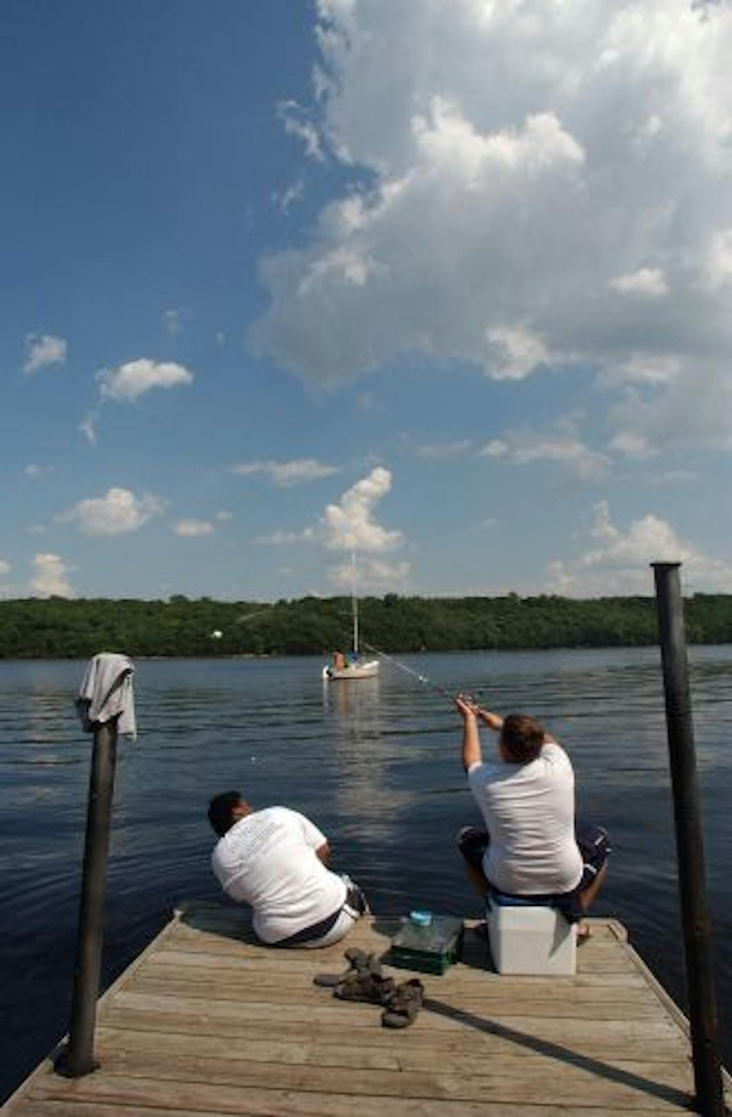 Fishing in the St. Croix River off a dock at Afton State Park.