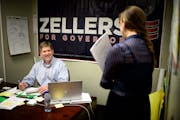 Kurt Zellers made campaign calls to primary election voters from his campaign office in Osseo. Press secretary Caitlyn Stenerson brought some thank yo