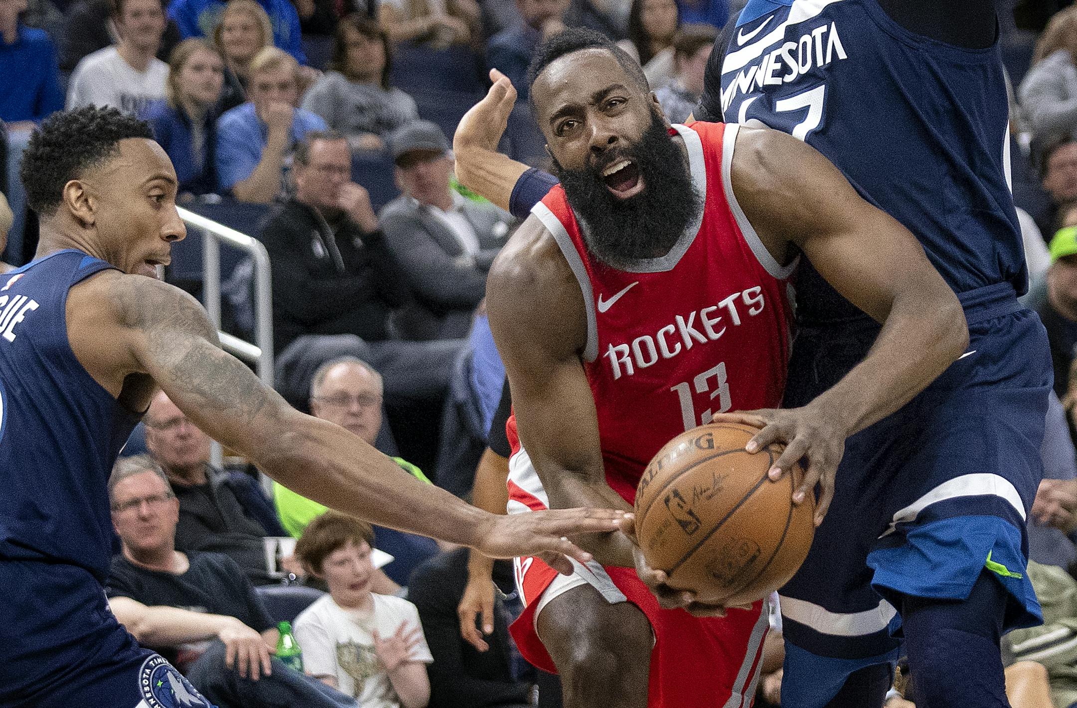 James Harden (13) drove to the basket in the third quarter.