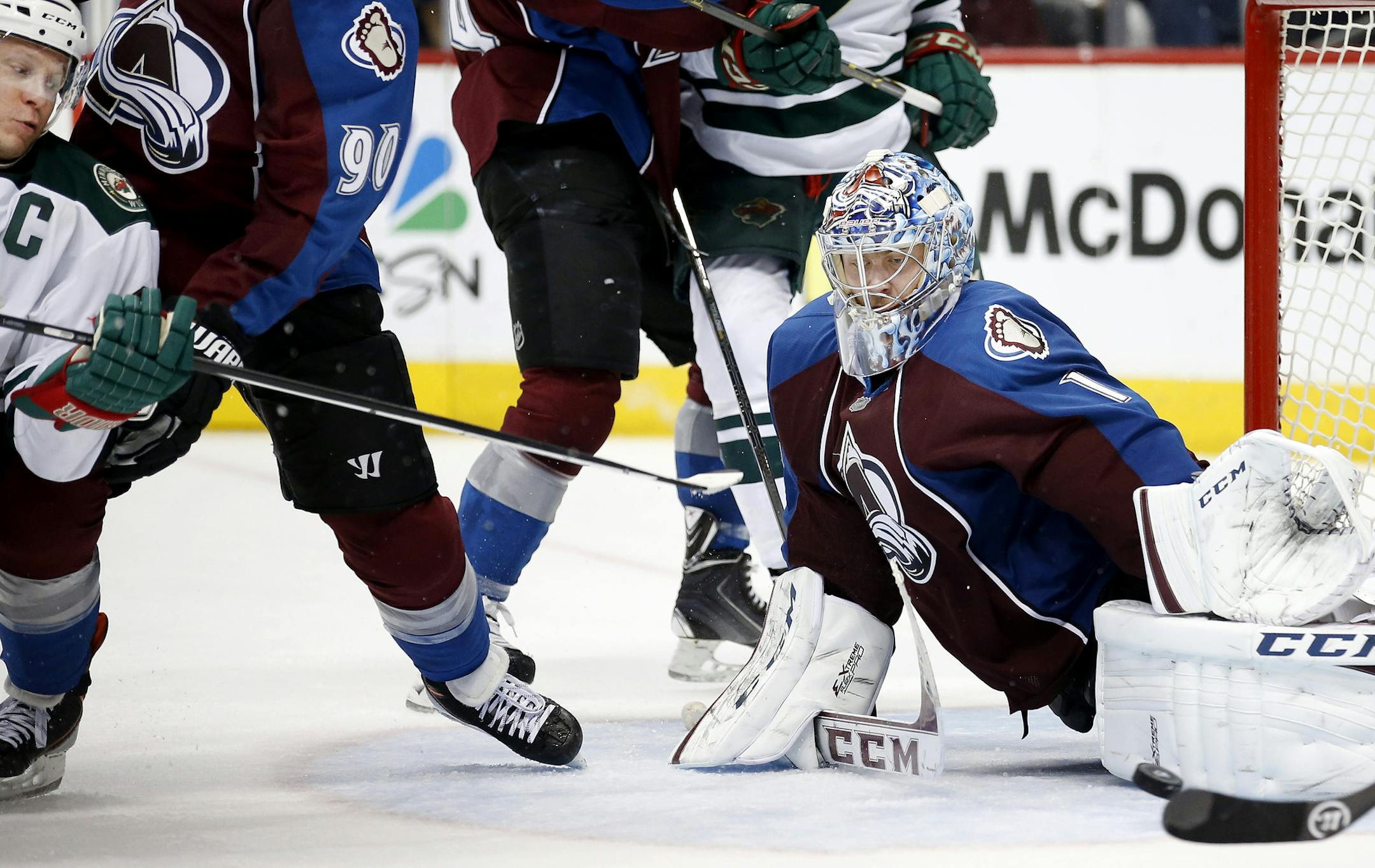 Colorado goalie Semyon Varlamov (1) made a save on a shot by Mikko Koivu in the third period. ] CARLOS GONZALEZ cgonzalez@startribune.com - April 19, 2014, Denver, Colorado, Pepsi Center, NHL, Minnesota Wild vs. Colorado Avalanche, Stanley Cup Playoffs round 1, Game 2