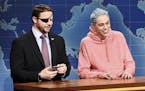 In this Nov. 10, 2018 photo provided by NBC, Lt. Com. Dan Crenshaw, from left, a congressman-elect from Texas, Pete Davidson, Anchor Colin Jost, and A