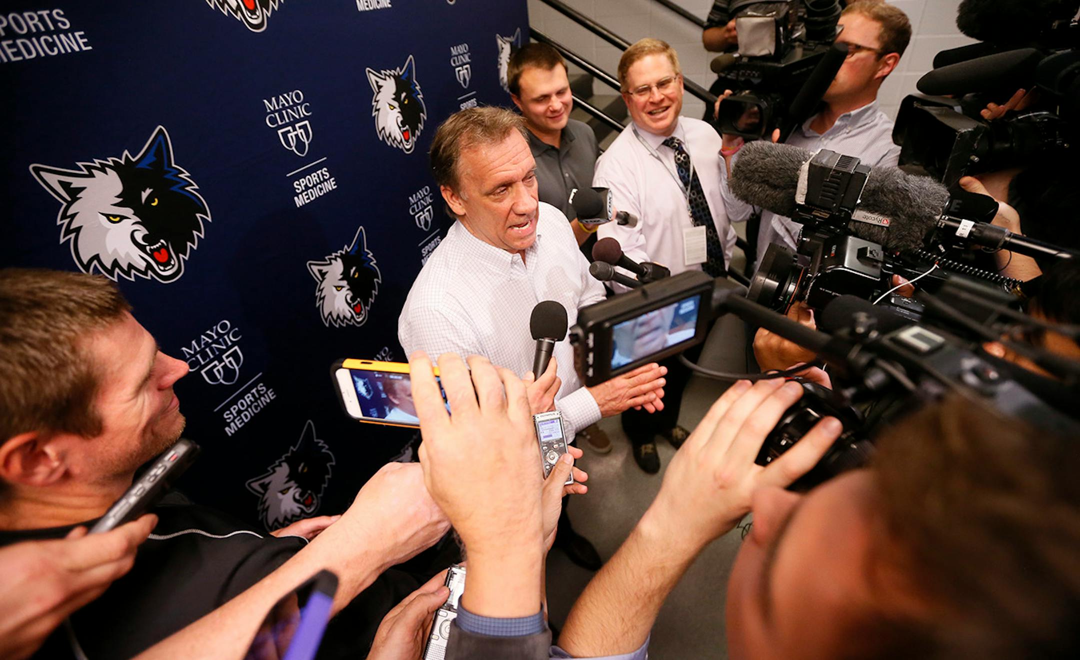 Flip Saunders President of Basketball Operations for the Timberwolves talked reporters after his time got the first draft at Target Center Tuesday May 19, 2015 in Minneapolis, MN.