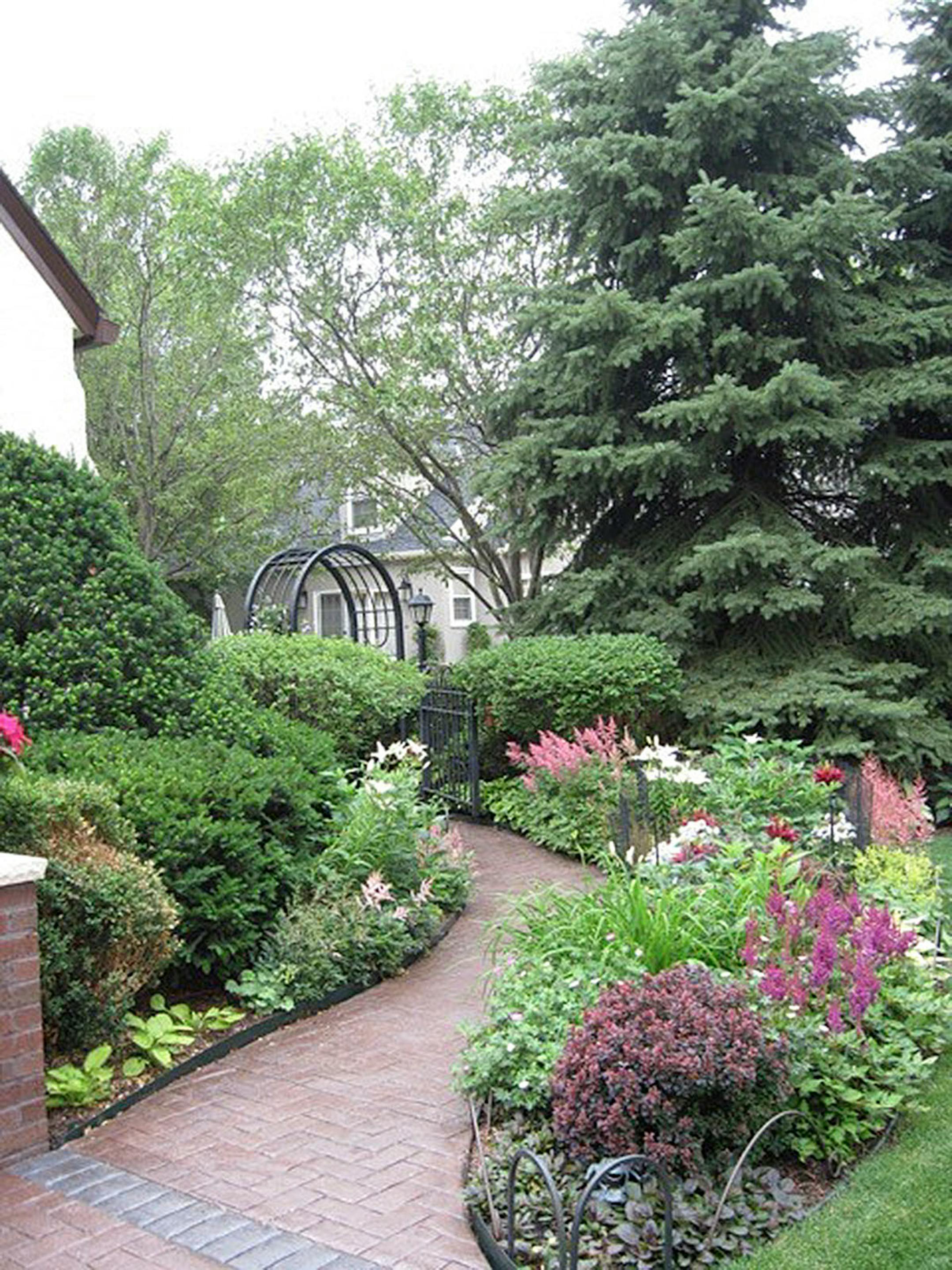 A curved path invites visitors into the backyard garden.