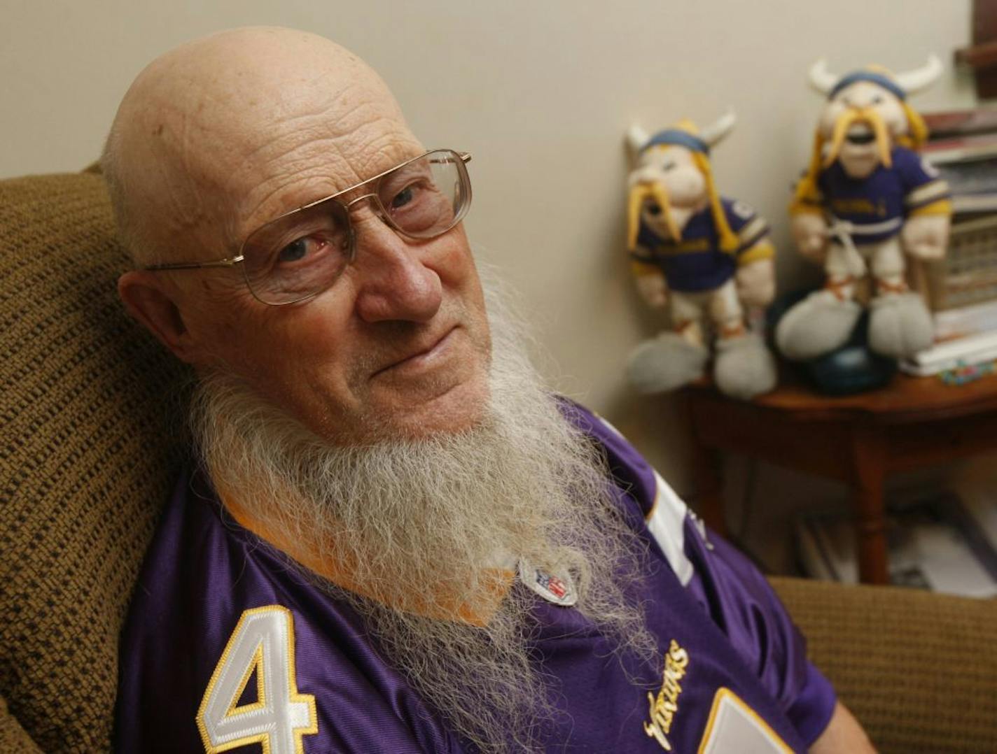 In this photo taken Jan. 20, 2010, Emmett Pearson is seen. Pearson refused to shave his beard until the Vikings win a Super Bowl. He died Monday.