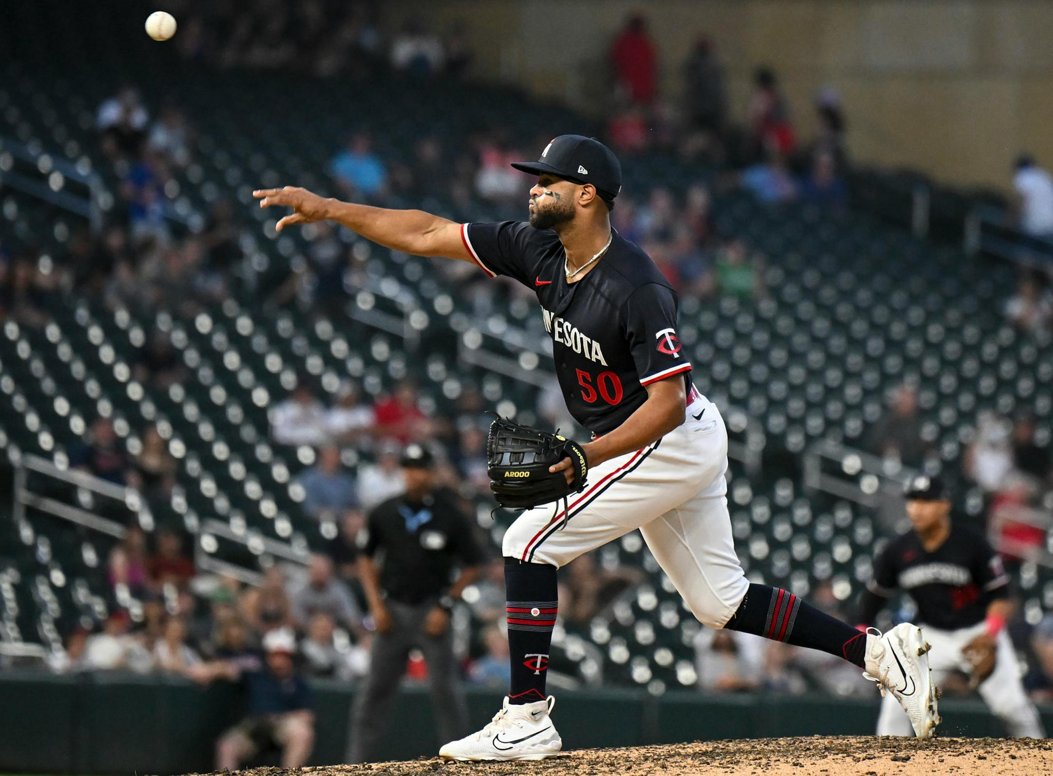 Minnesota Twins outfielder Willi Castro (50) pitches in the top of the ninth inning against the Boston Red Sox Tuesday, June 20, 2023, at Target Field in Minneapolis, Minn.