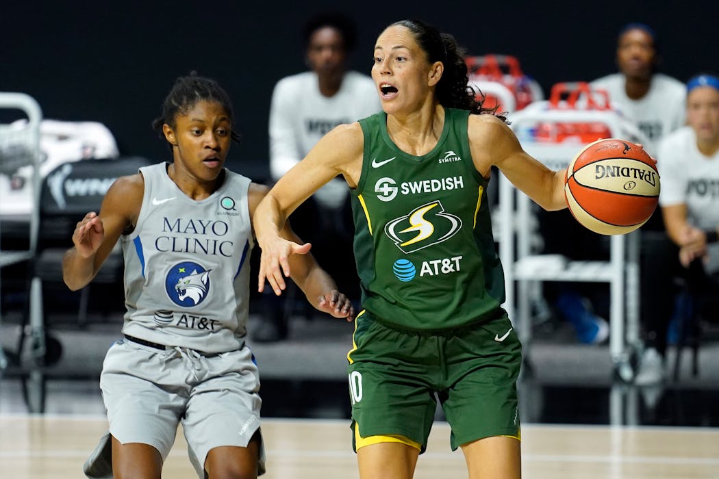 WNBA Rookie of the Year Crystal Dangerfield guarded Sue Bird of Seattle during the 2020 semifinals. Both players went to UConn.