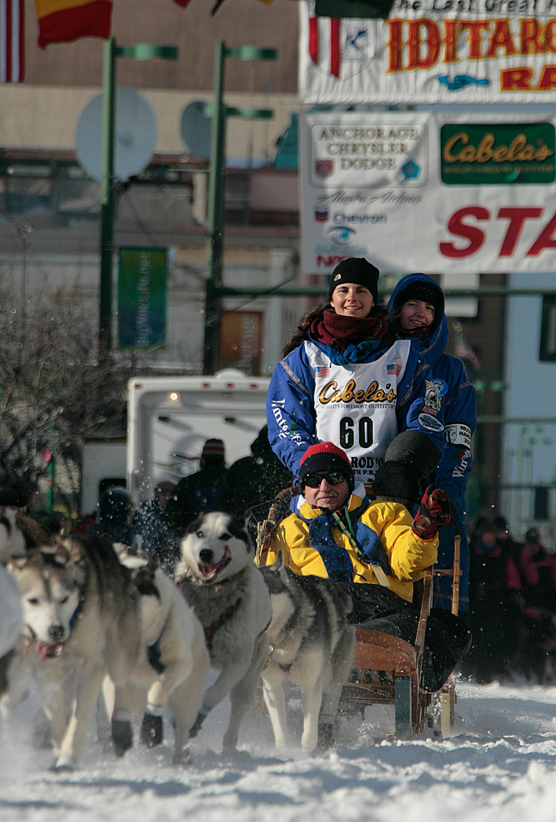 Jennifer Freking, of Finland, Minn., drives her team from the ceremonial start of the Iditarod Trail Sled Dog Race in Anchorage, Alaska on March 1. One of her dogs has died.