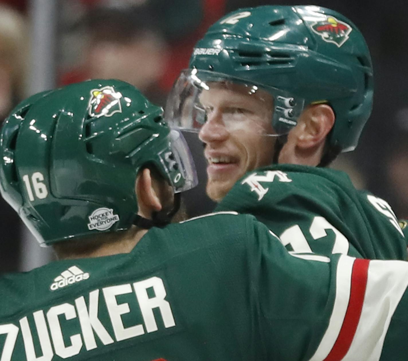 Jason Zucker(16) and Eric Staal(12) celebrate the Wild's 7th goal.]St. Louis Blues face off against the Minnesota Wild at the Xcel Energy Center in St. Paul, MN.Richard Tsong-Taatarii&#xef;rtsong-taatarii@startribune.com