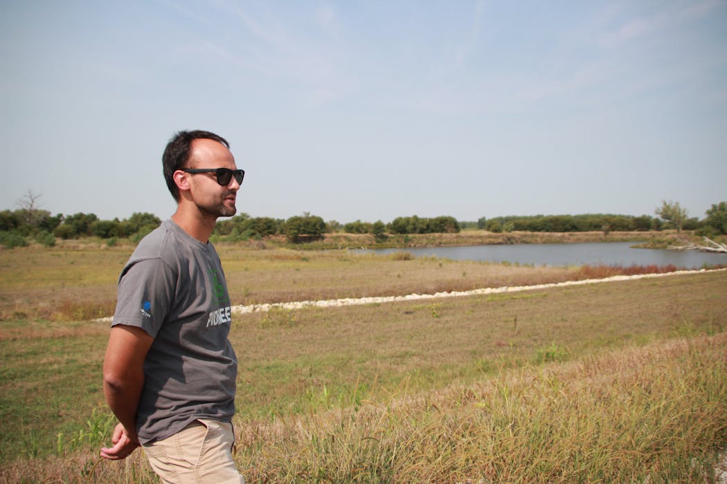 A pond marks where a levee was breached during the 2019 flood of the Missouri River in Atchison County, Mo., flooding levee district board member Regan Griffin’s farmland. The board hopes to set this levee back in the future.
