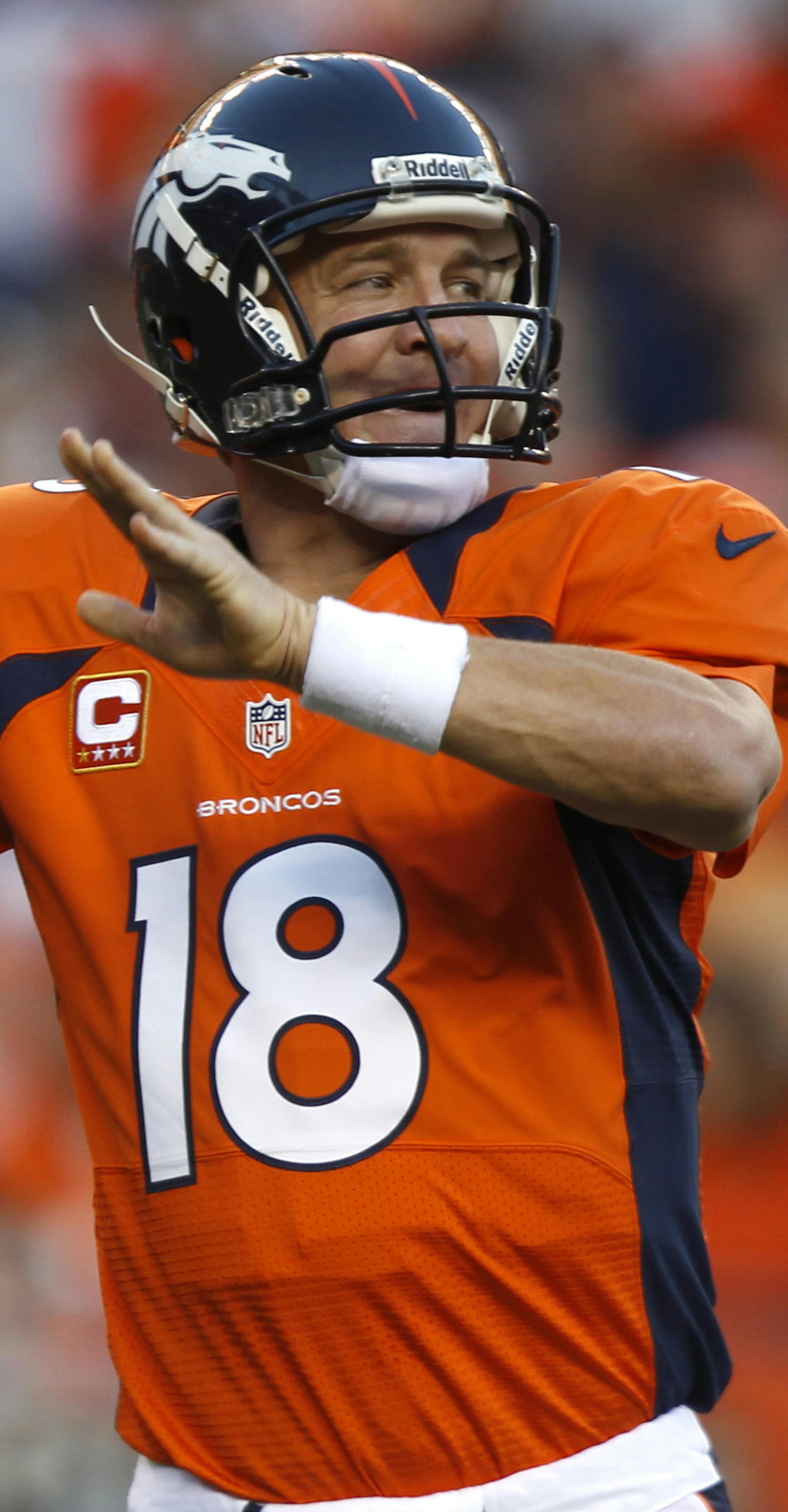 Denver Broncos quarterback Peyton Manning looks to pass against the Pittsburgh Steelers during the first quarter of an NFL football game, Sunday, Sept. 9, 2012, in Denver. (AP Photo/David Zalubowski)