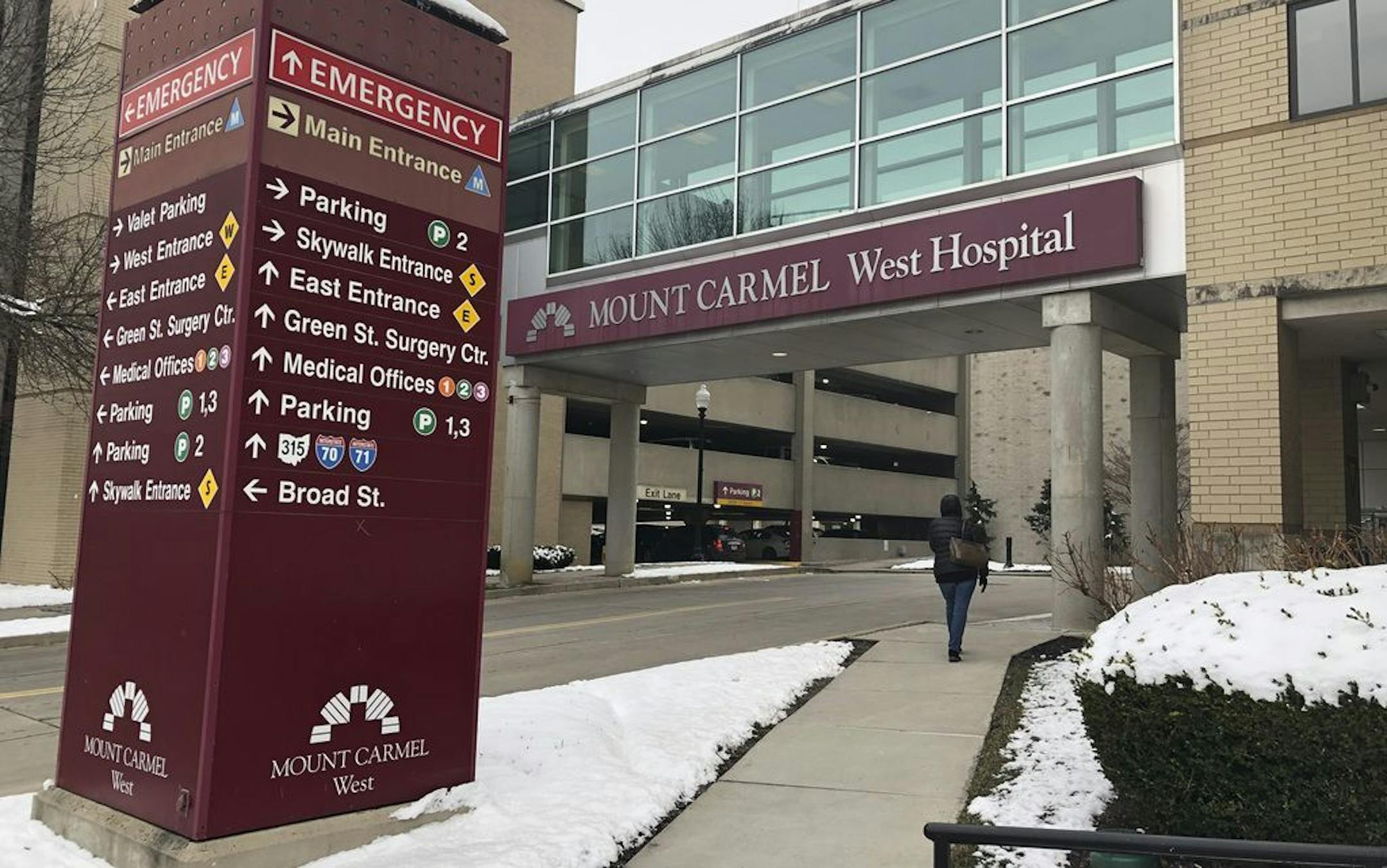 FILE - This Jan. 15, 2019 file photo shows the main entrance to Mount Carmel West Hospital in Columbus, Ohio.