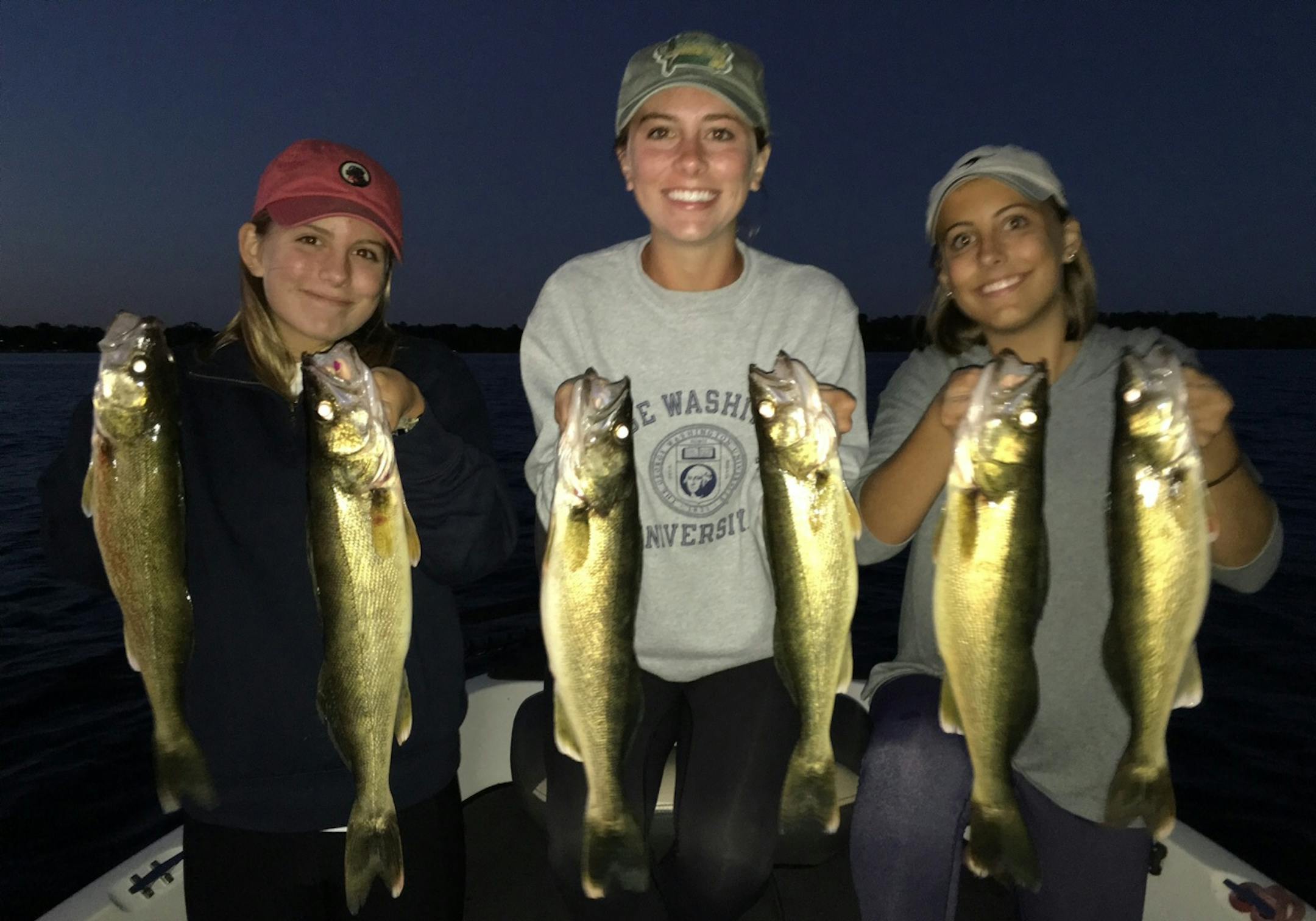 (From left) Beatrice, Hannah and Isabelle Ellingson, of Norfolk, Va., had a successful first attempt at walleye fishing north of Alexandria this summer.